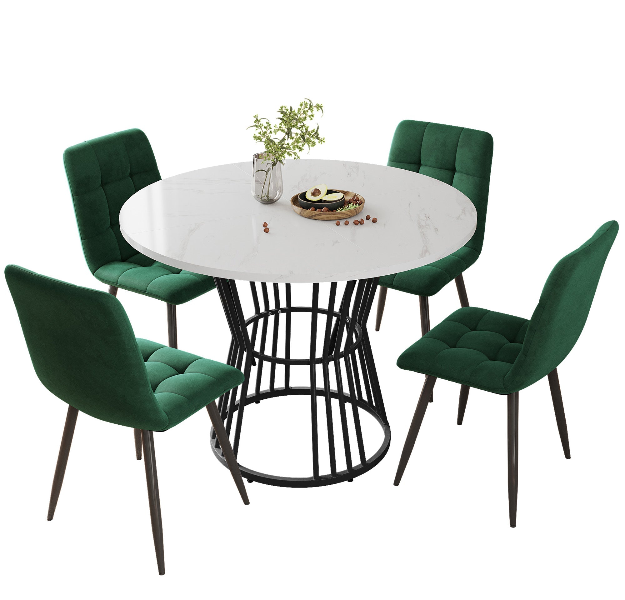 Logidon Eettafelset Rond 100 cm Wit MDF Tafelblad Groen Fluwelen Stoelen