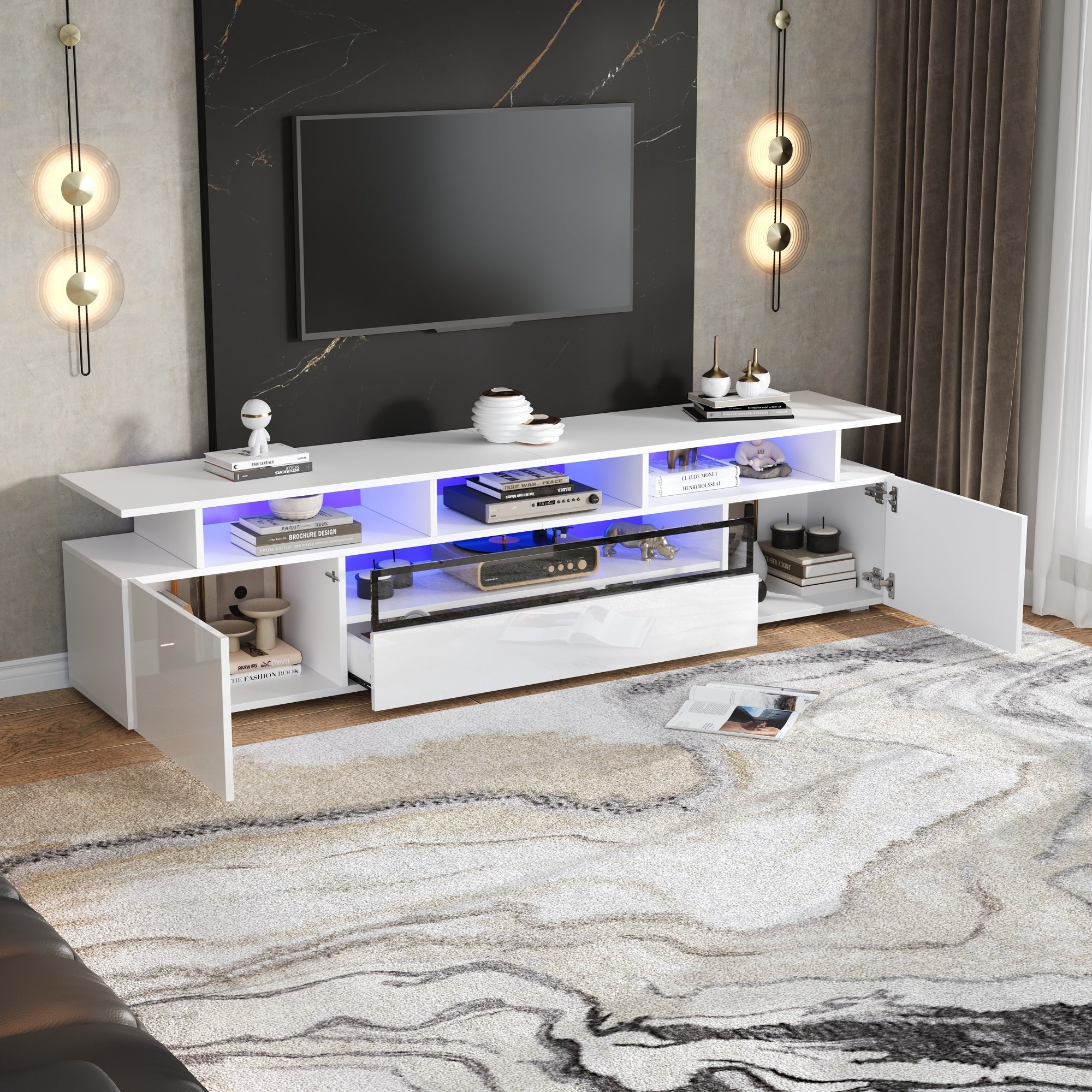 Logidon TV-meubel wit 180x38x45 cm met LED-verlichting 2 deuren 1 lade