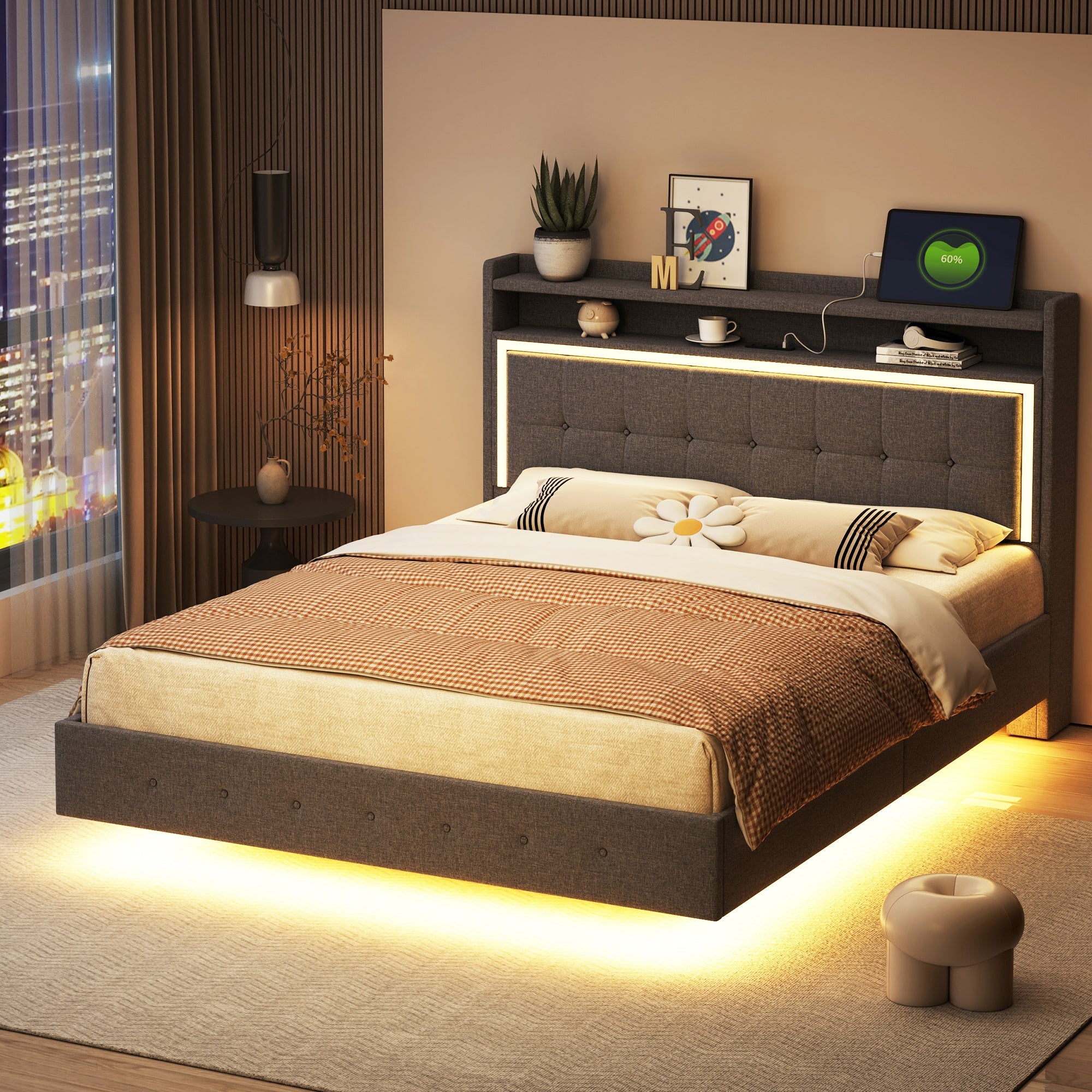 Logidon gestoffeerd bed 140x200 grijs met USB LED verlichting