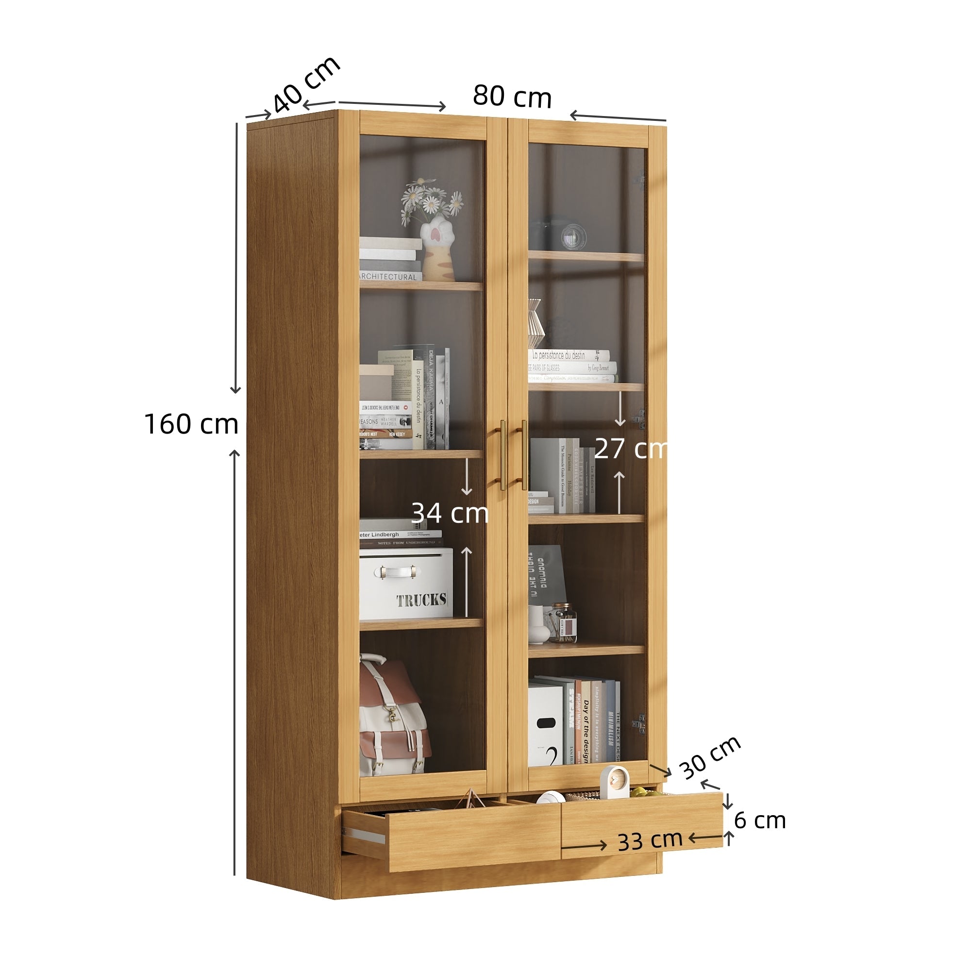 Logidon vitrinekast 80x40x160 cm naturel hout met push-to-open lades