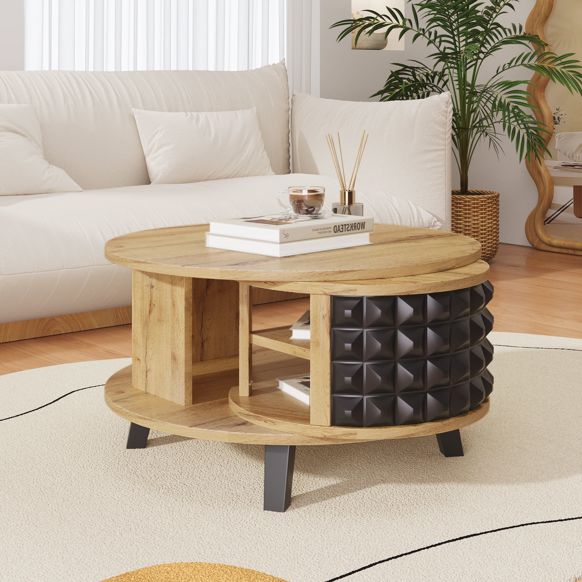 Logidon turntable with hidden shelf natural wood look 85x80x45 cm