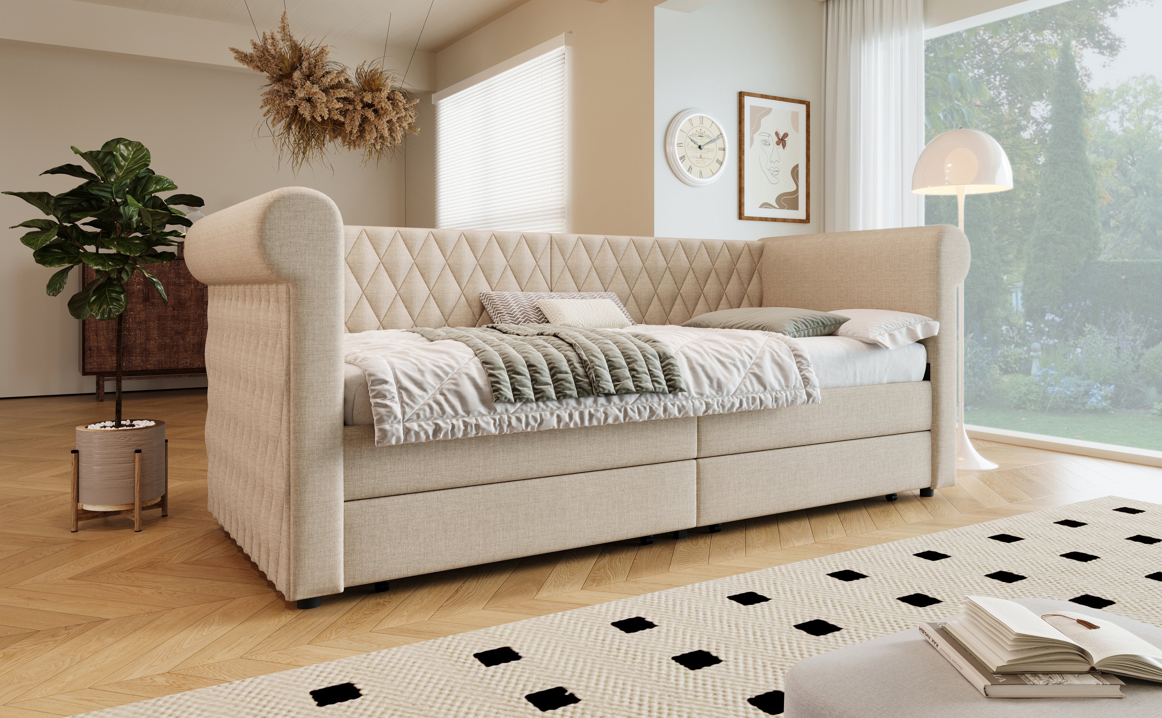 Logidon Vintage Upholstered Bed 90x200 Beige Linen Sofa Bed With Storage Space