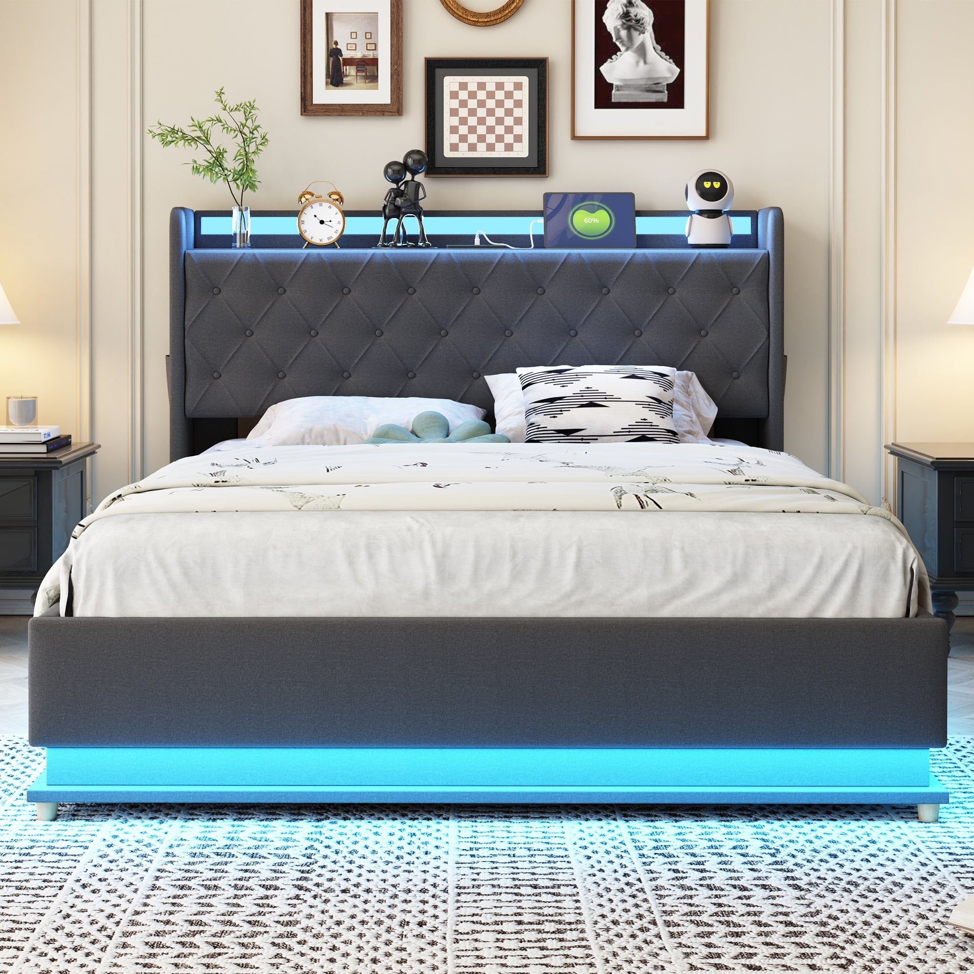 Logidon LED gestoffeerd bed 140x200 grijs met USB-oplaadpoort opbergruimte