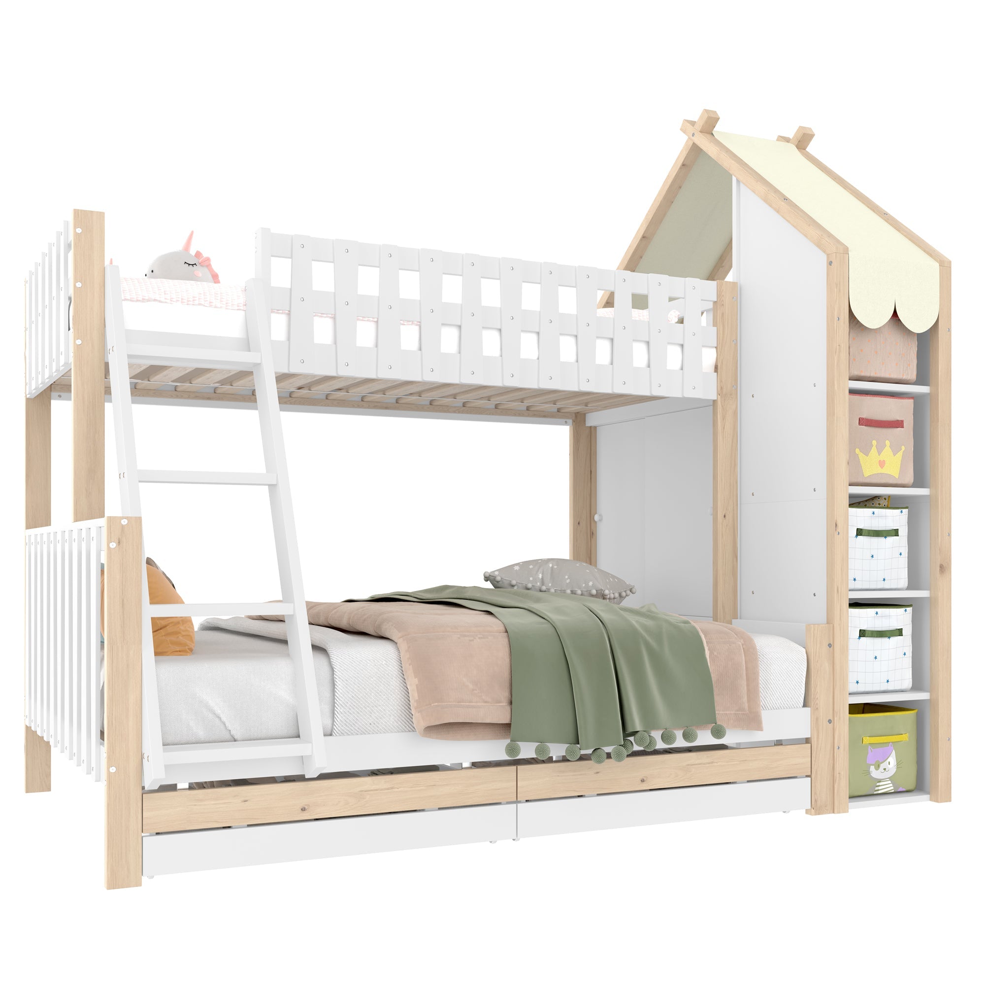 Logidon stapelbed 90x200 en 140x200 wit naturel met 2 lades