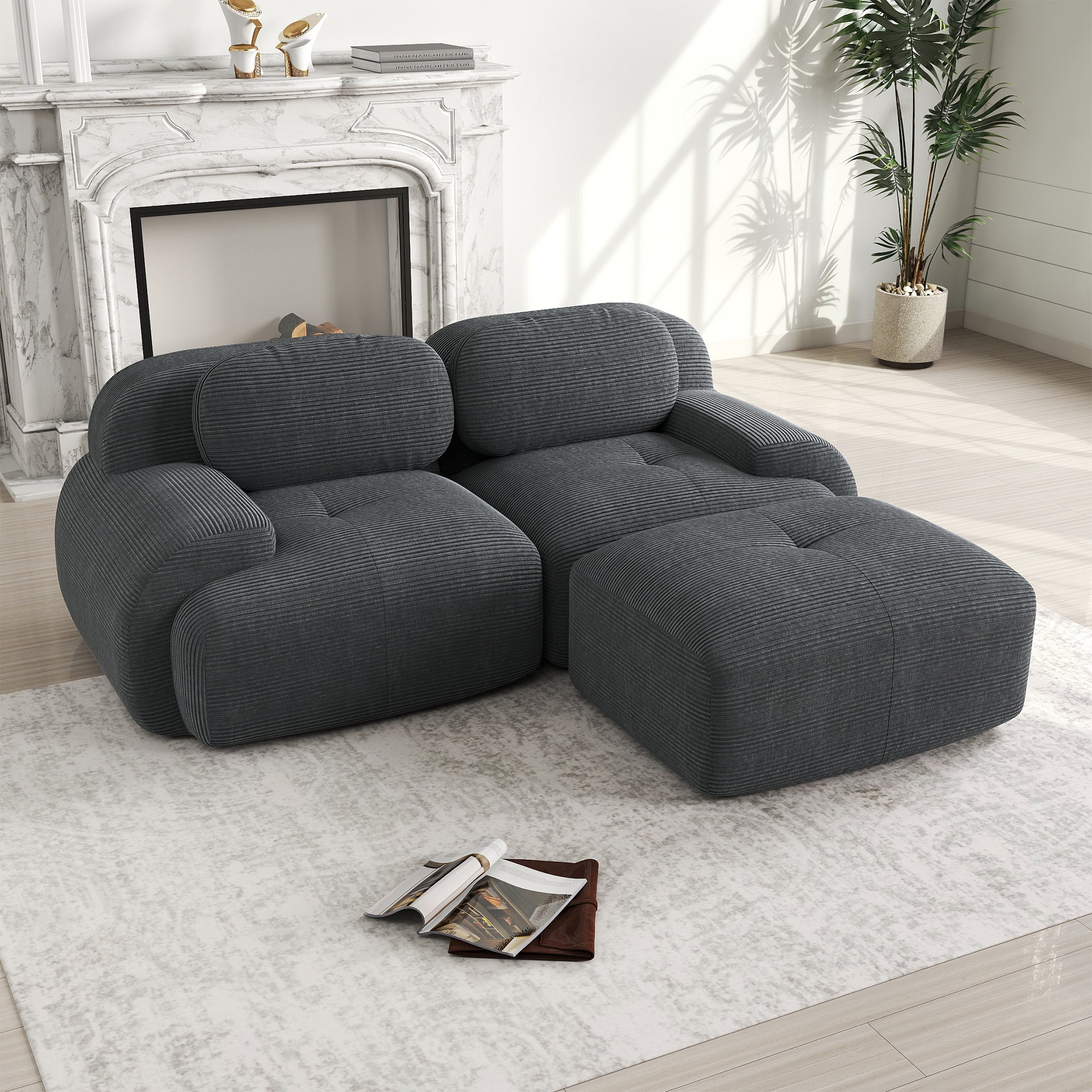 Logidon Hoekbank 208 cm Grijs Corduroy Modulaire Gebogen Armleuningen