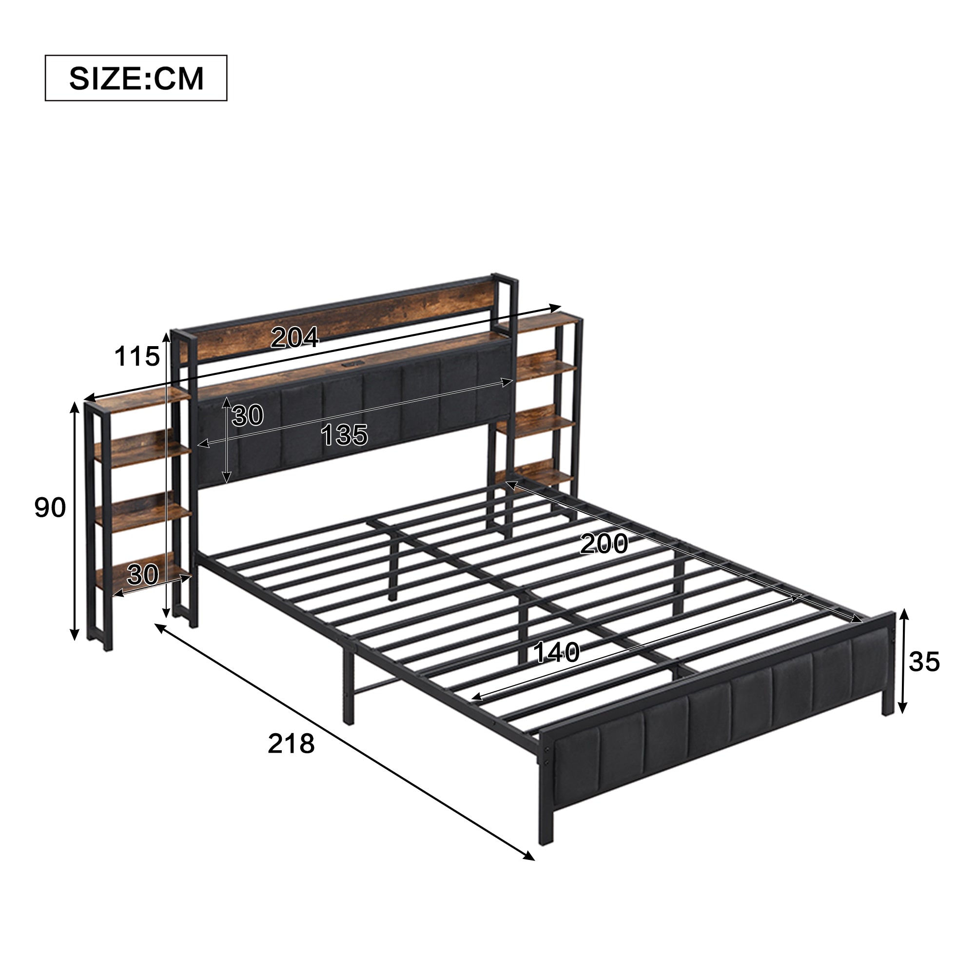 Logidon metalen bed 140x200 met opbergruimte USB-poorten zwart walnoot