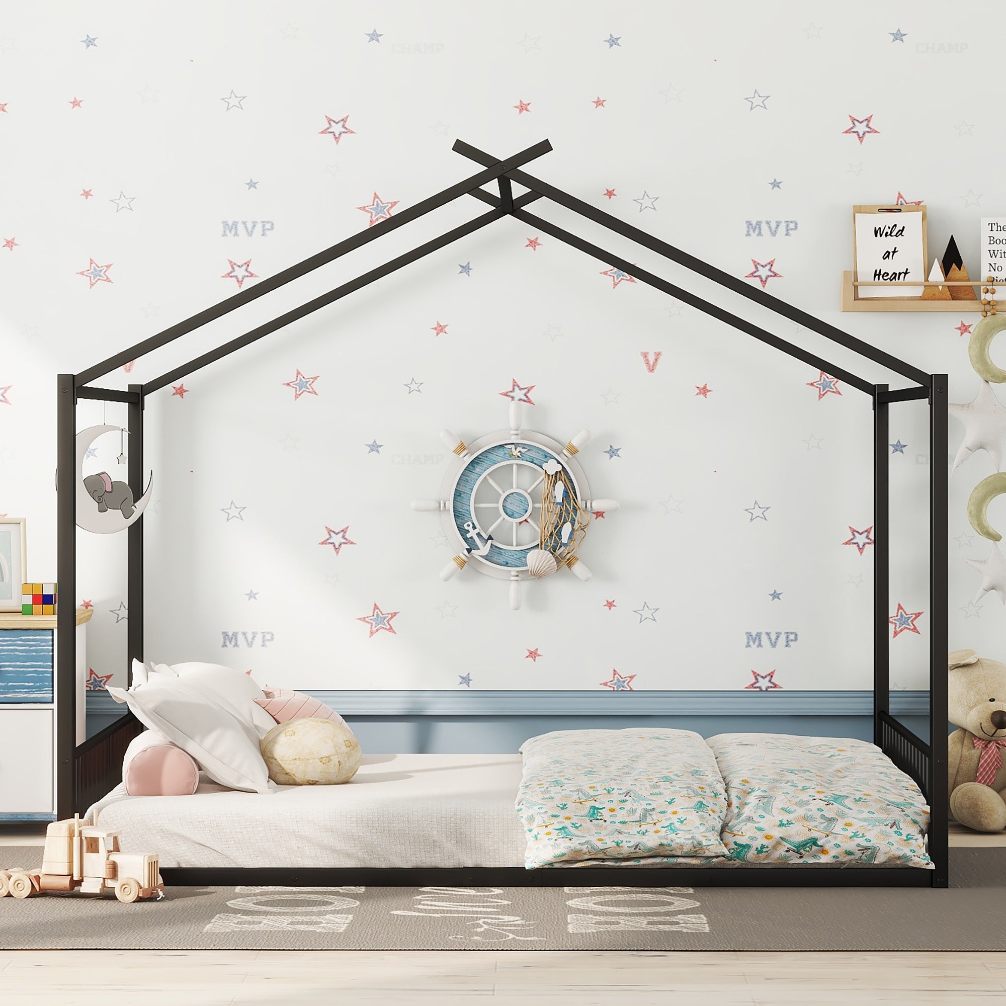 Logidon 140x200cm plat bed huisbed met ijzeren frame zwart