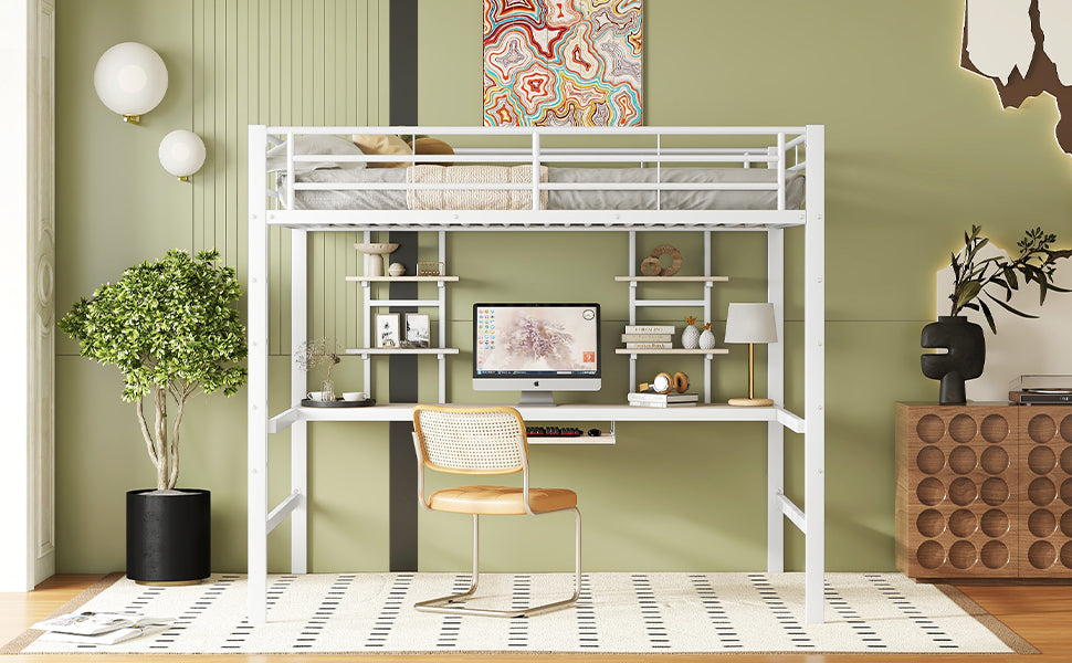 Logidon hoogslaper 140x200 cm metalen bed met bureau en plank wit