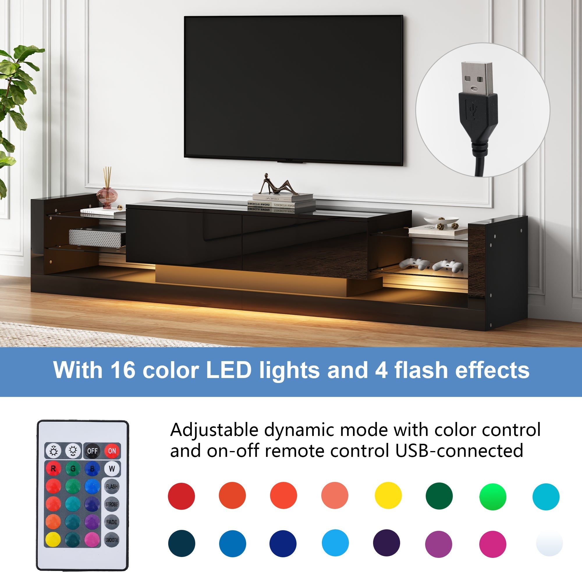 Logidon high-gloss TV cabinet 181 cm LED lighting black glass front