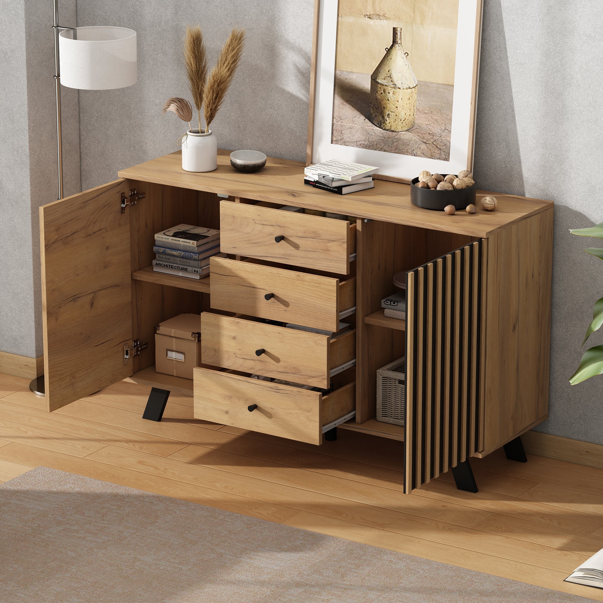 Logidon sideboard 120x38x75cm 4 drawers 2 doors hollow design