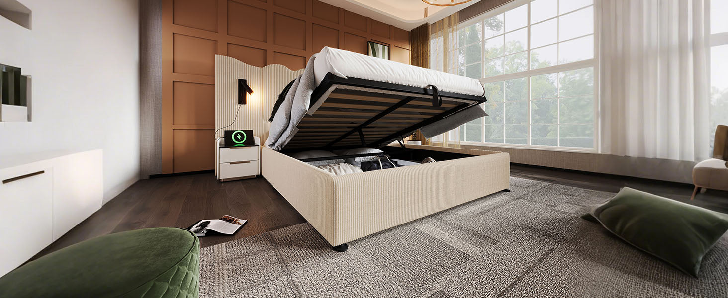 Logidon upholstered bed 160x200 beige with reading lamp USB charging function