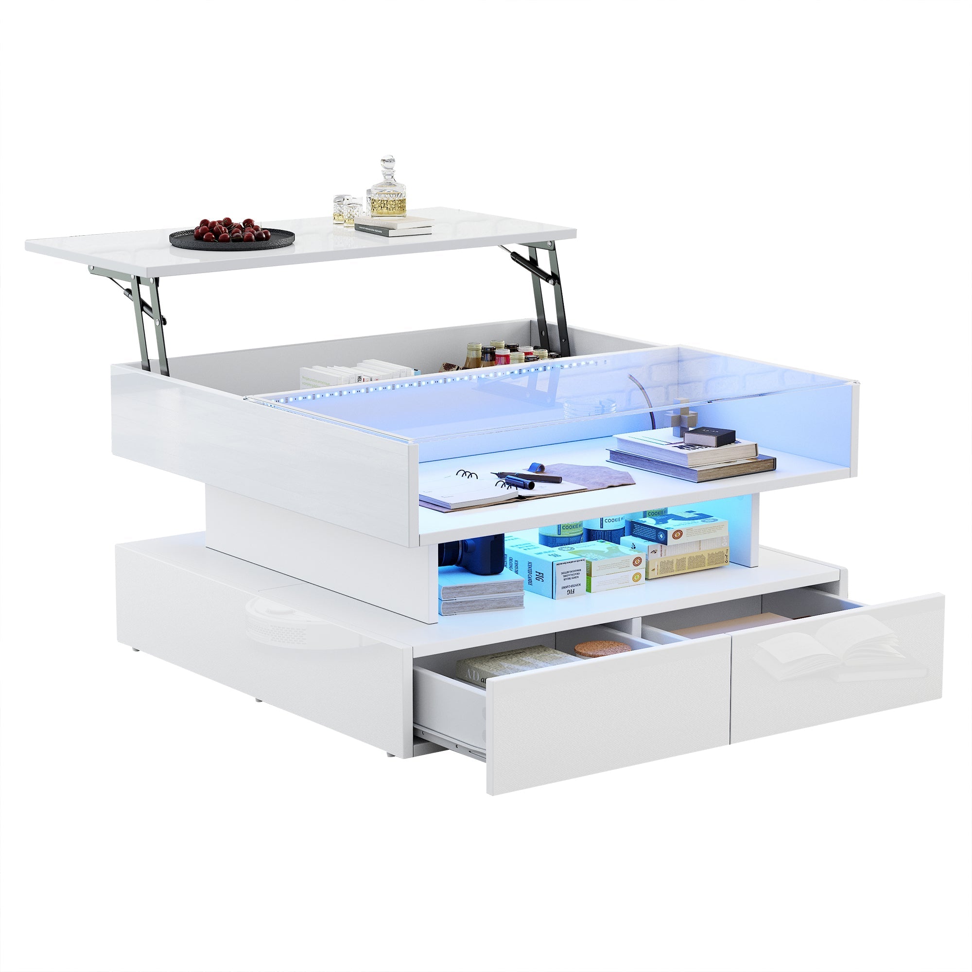 Logidon In hoogte verstelbare salontafel 80x80 cm witte LED opbergruimte