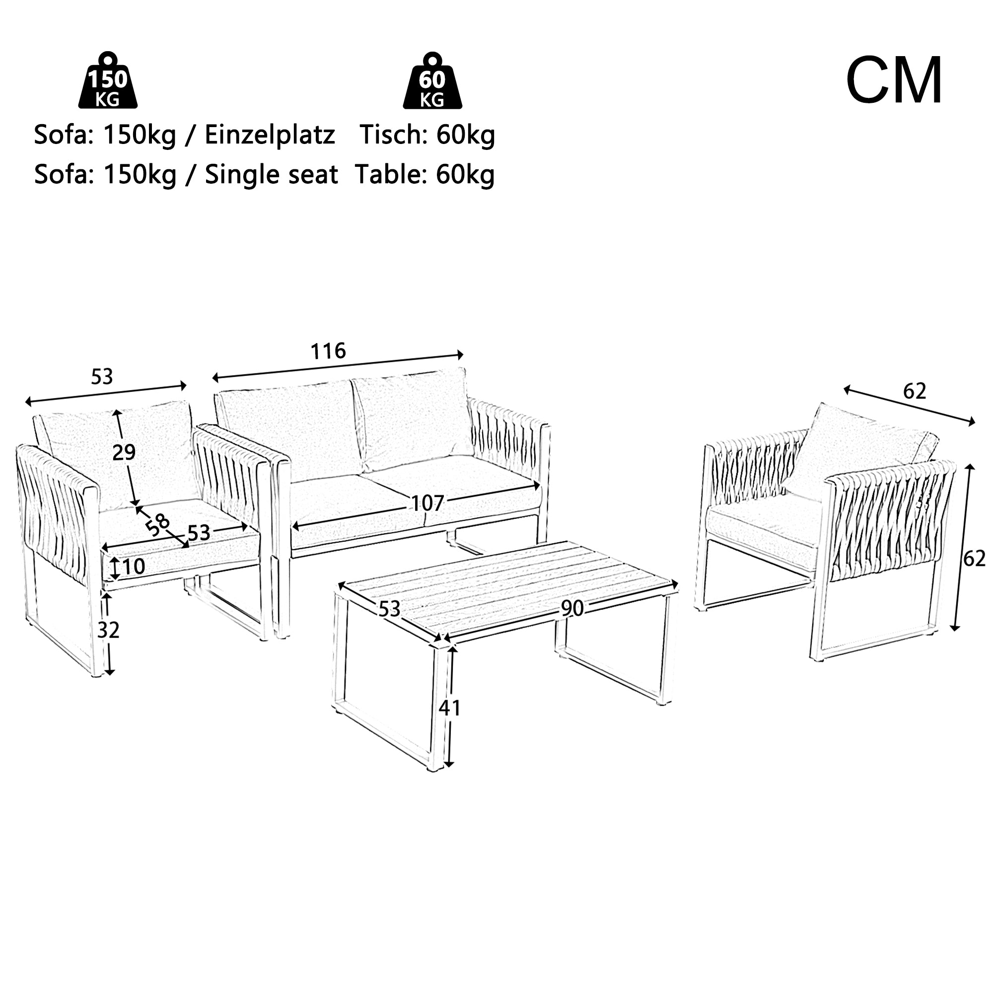 Logidon Tuinloungeset Grijs Touw met Gegalvaniseerd Ijzeren Frame Set van 4