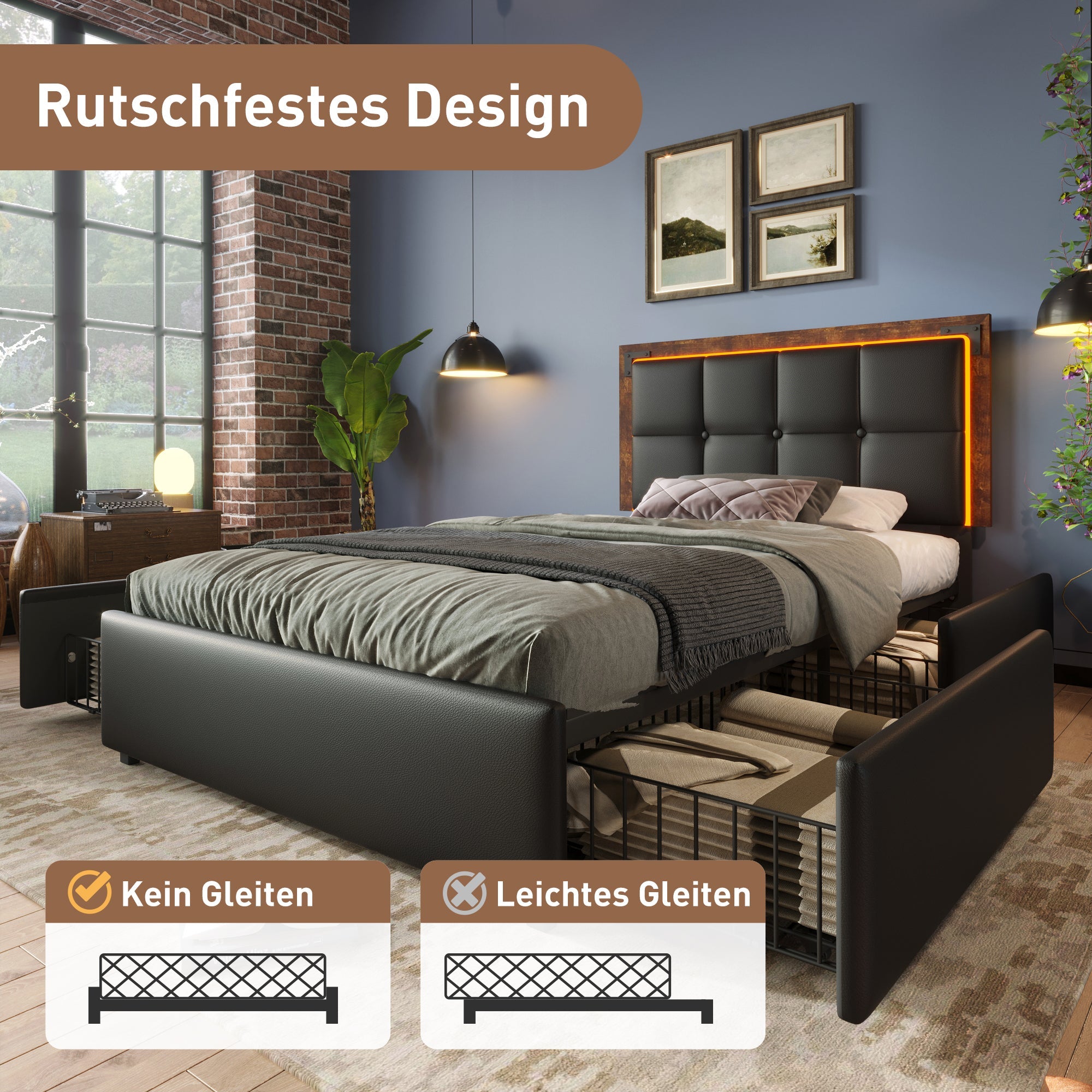Logidon bed frame LED lighting strip 4 drawers 90x200 black