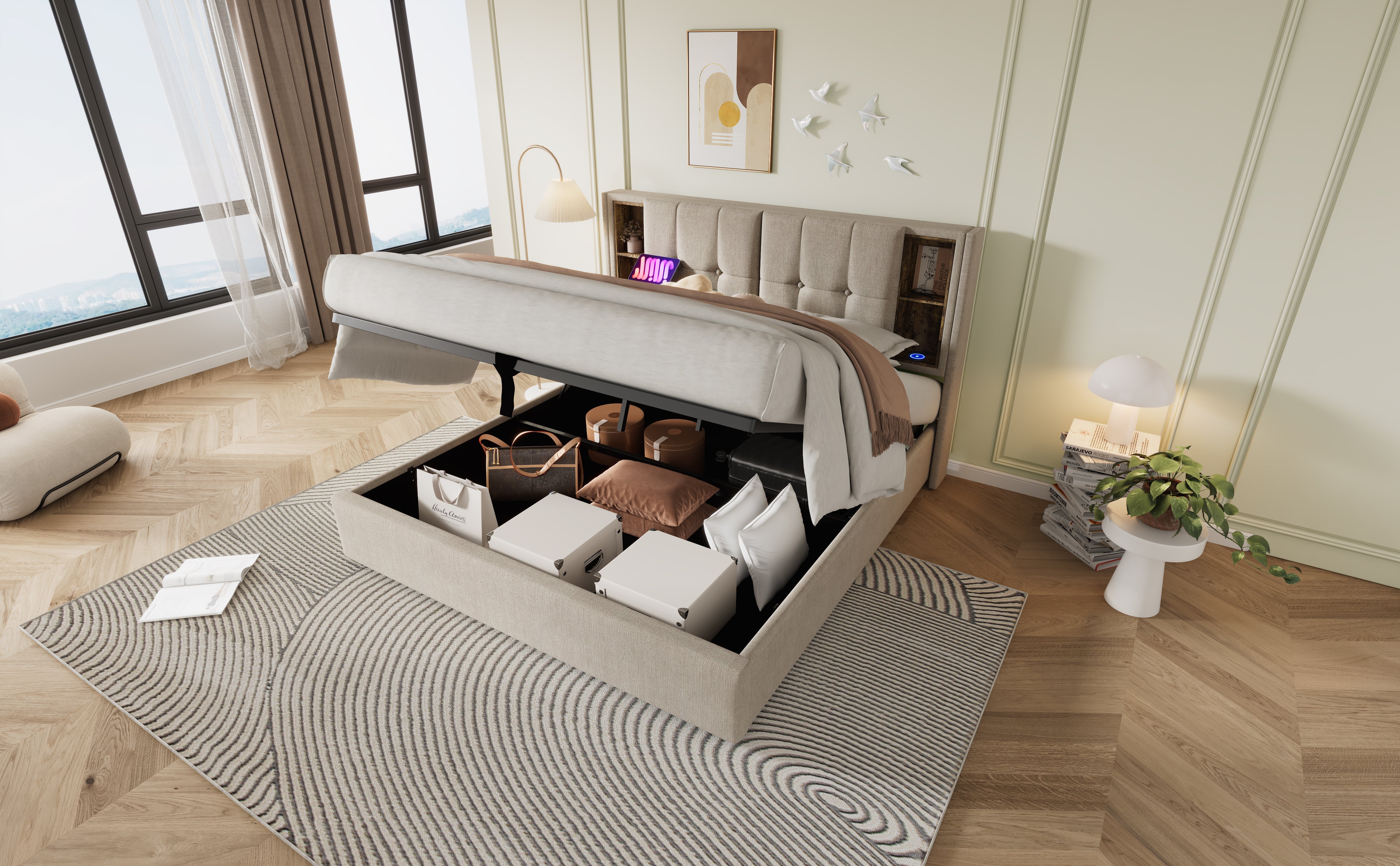 Logidon tweepersoonsbed 180x200 natuurlijk linnen draadloos opladen USB-C opslagruimte