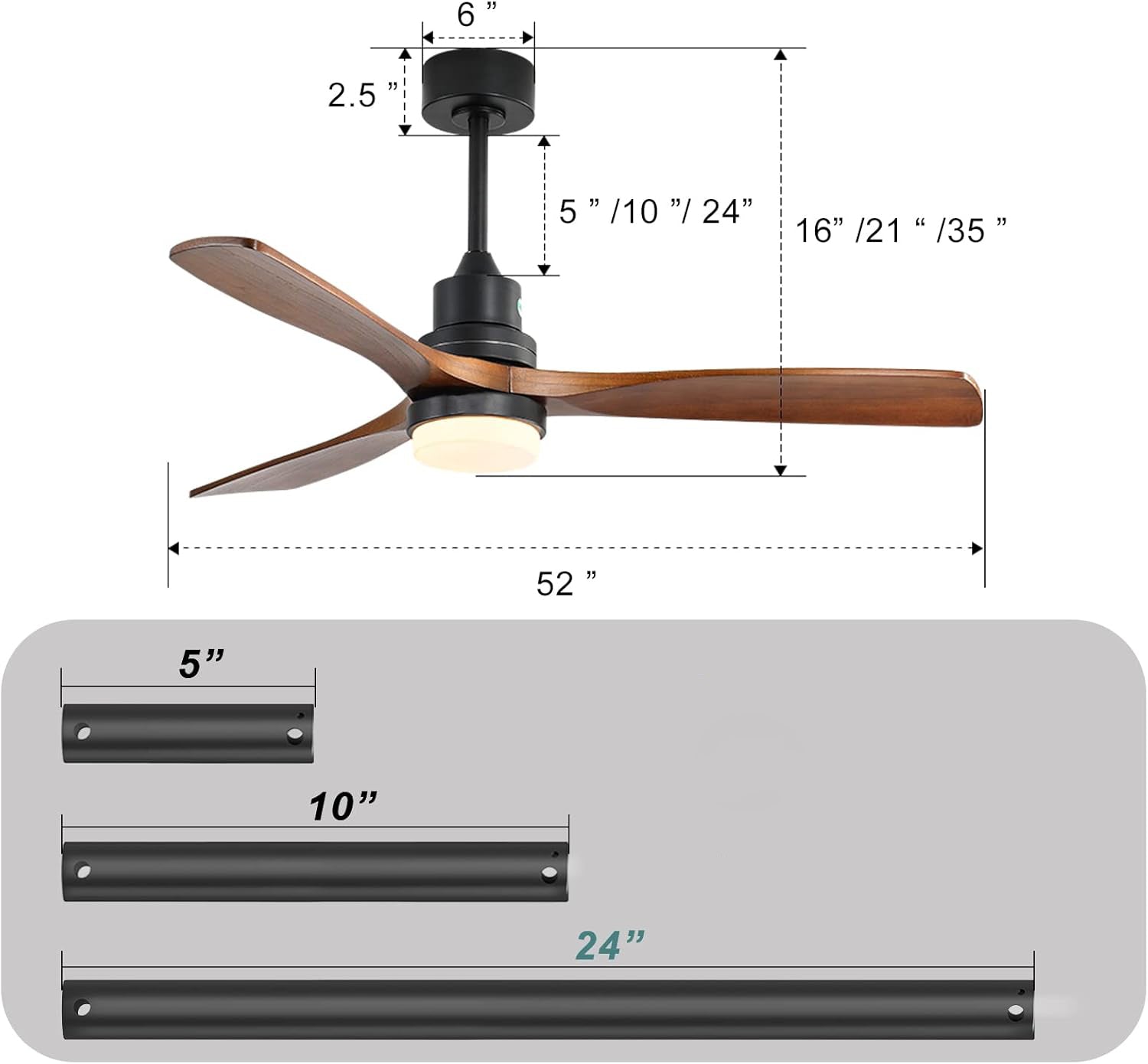Logidon plafondventilator 52 inch met licht, 6 niveaus, DC-motor zwart