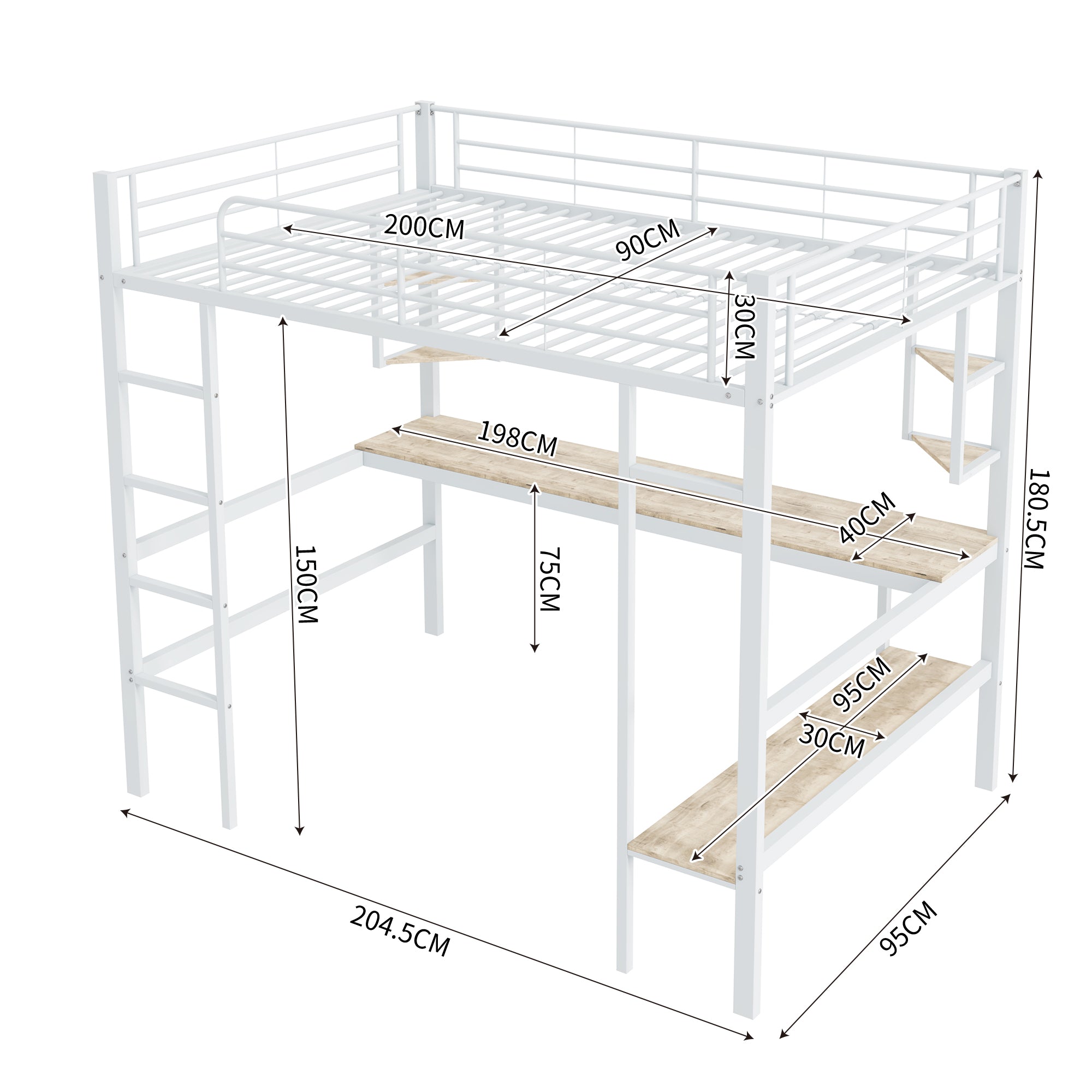 Logidon 90x200cm metalen hoogslaper met bureau en planken wit