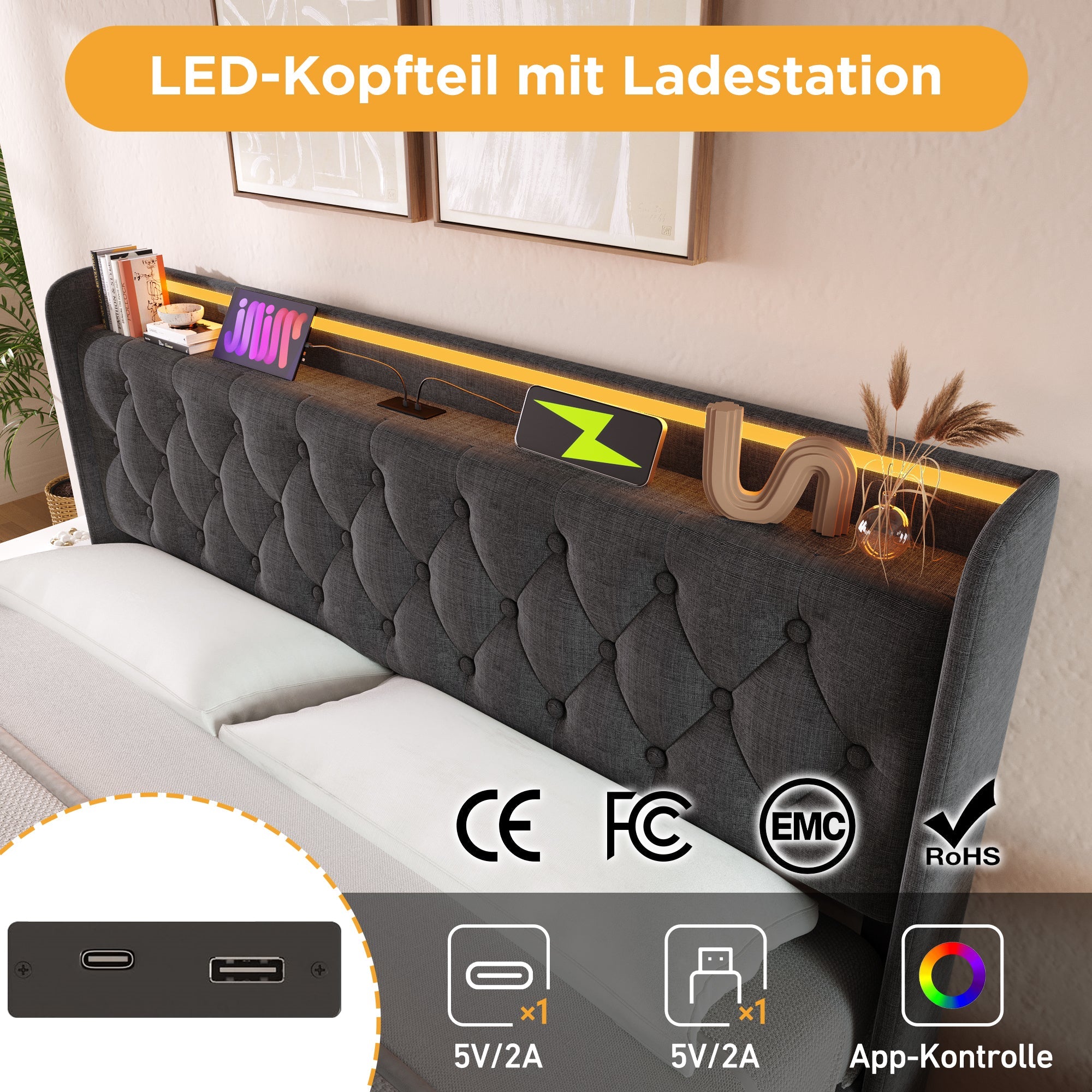 Logidon gestoffeerd bed tweepersoonsbed 180x200 cm grijs linnen LED-verlichting USB C
