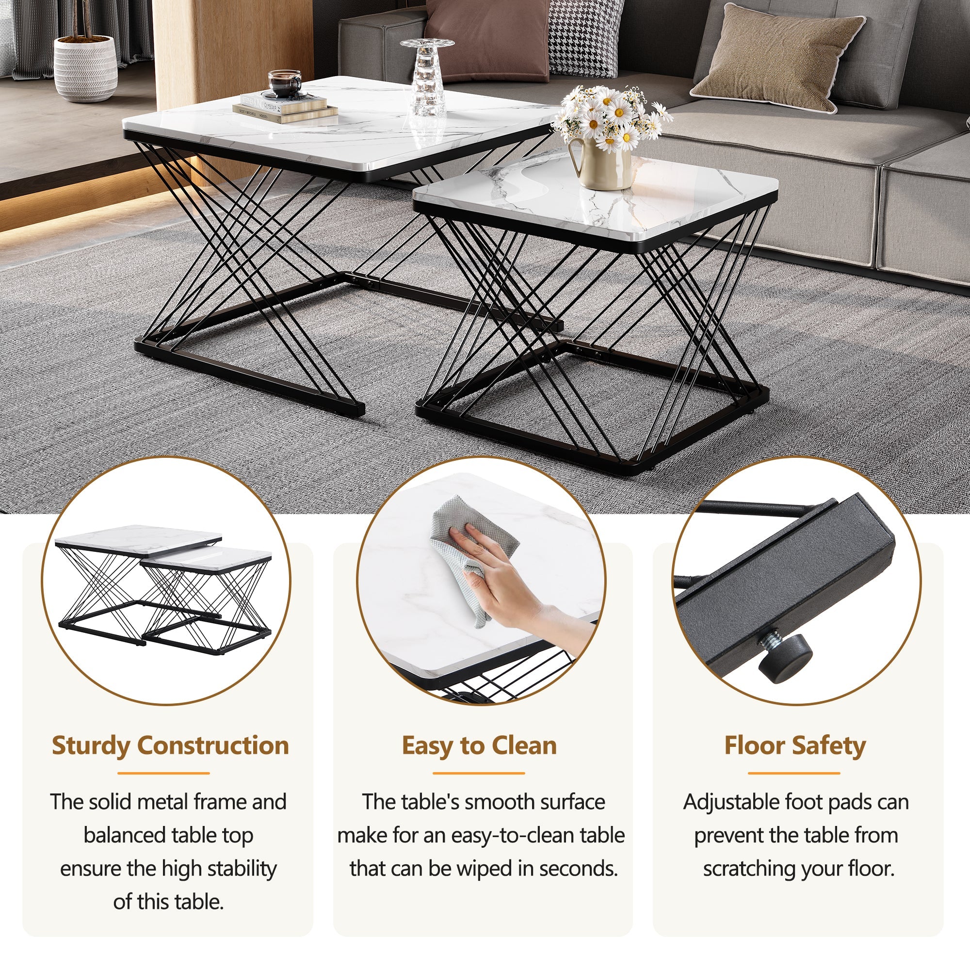 Logidon Stylish 2-piece coffee table set high-gloss marble look 60x60 cm