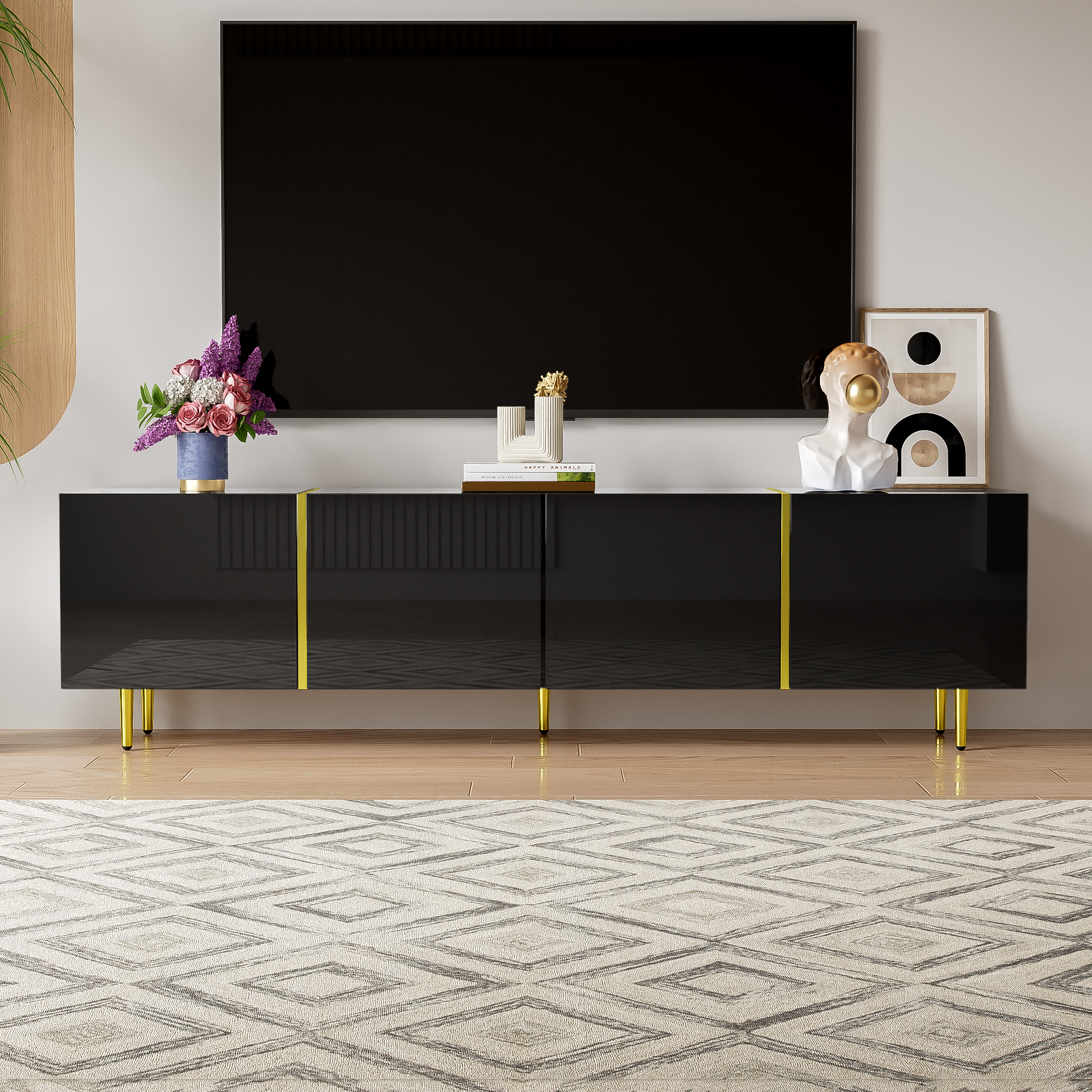 Logidon high-gloss TV cabinet 170 cm black-gold, 4 doors, modern