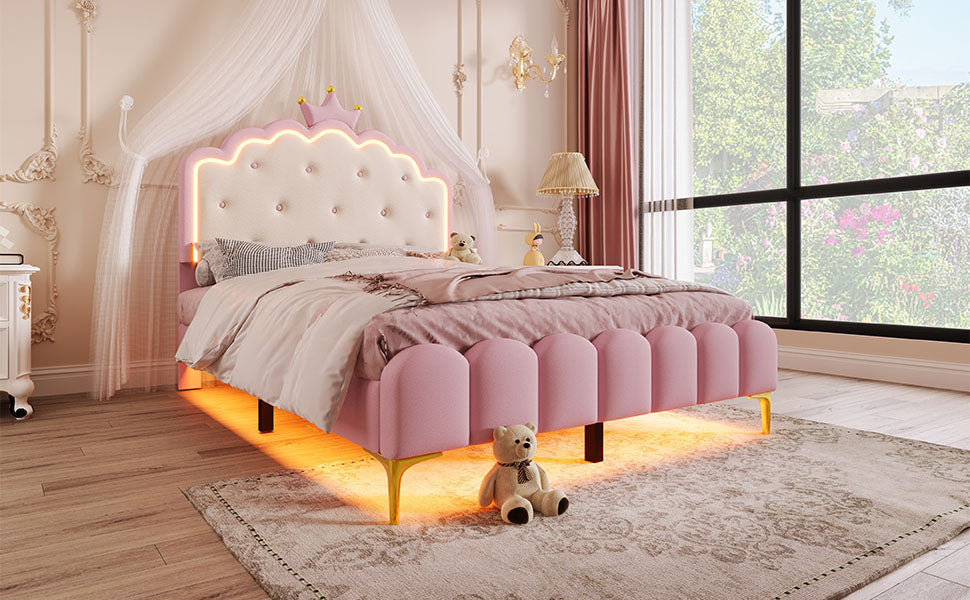 Logidon gestoffeerd bed 140x200 roze met lattenbodem LED-verlichting