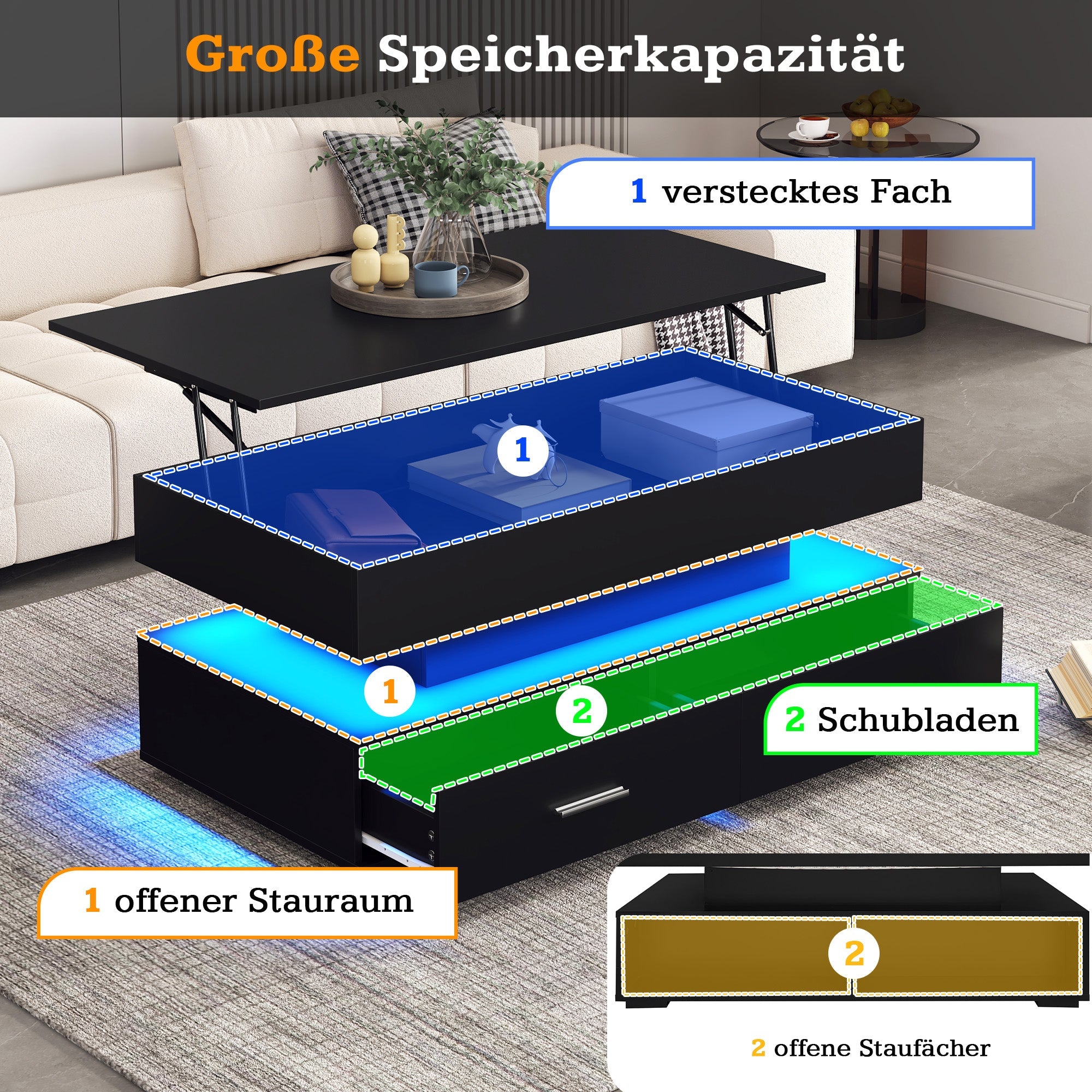 Logidon Verstelbare Salontafel 100x50x44 cm Zwart LED Verlichting