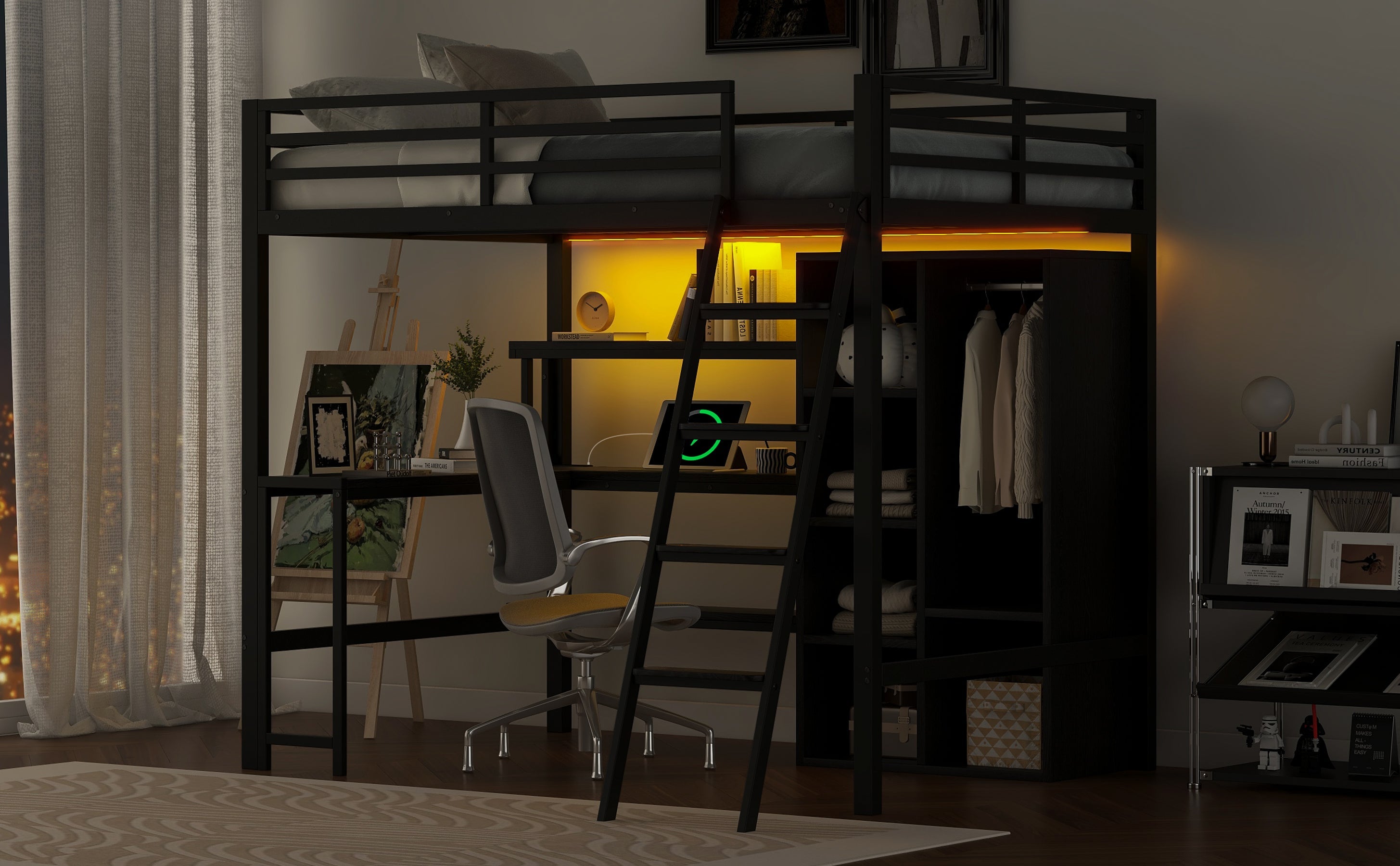 Logidon metalen hoogslaper 140x200 zwart met trap bureau USB LED