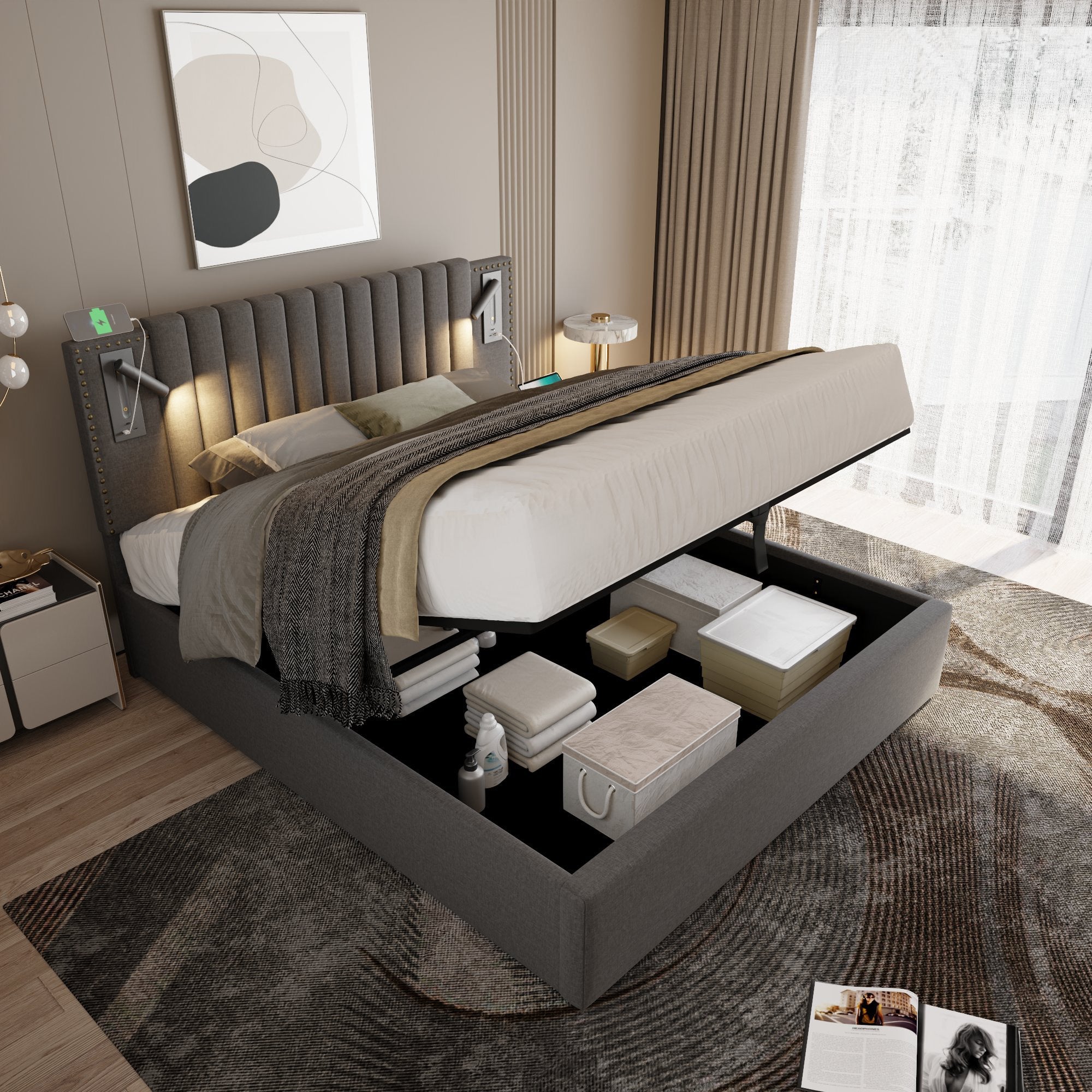 Logidon gestoffeerd bed 160x200 met opbergruimte en USB-leesapparaat lichtgrijs