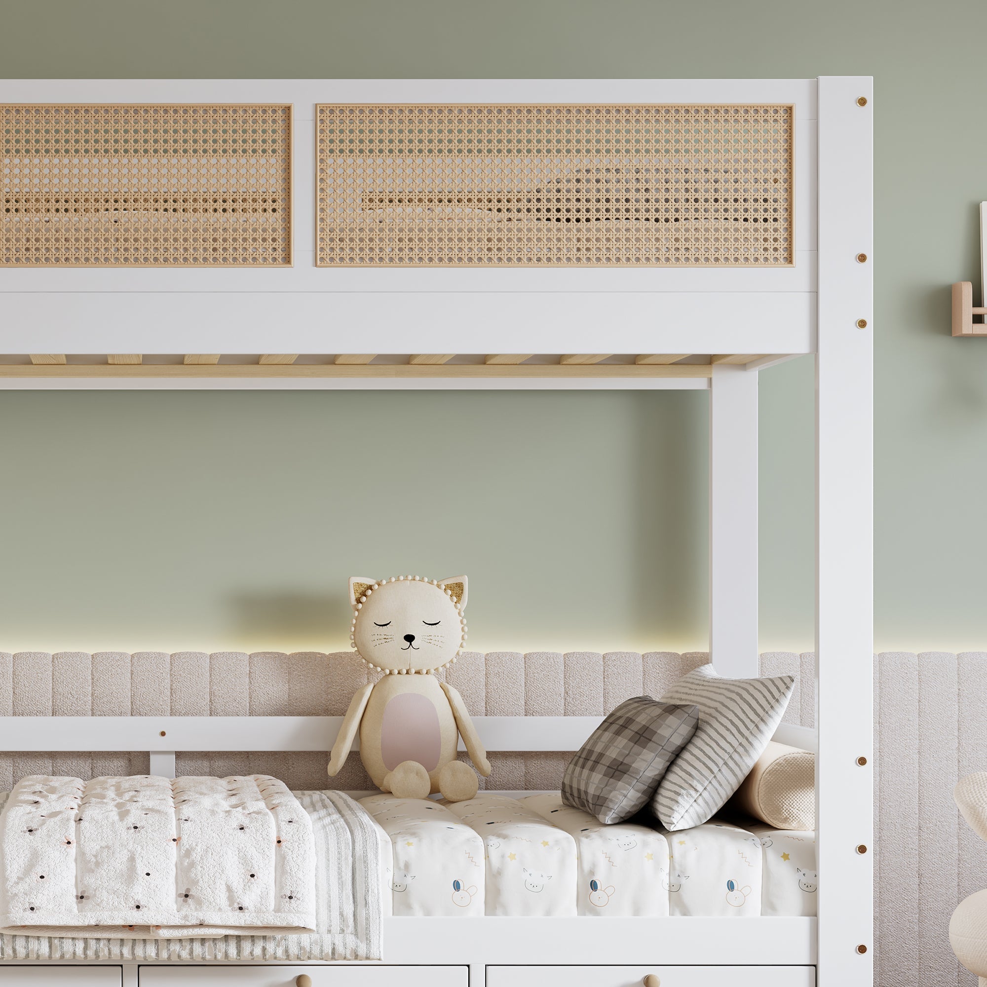 Logidon stapelbed 90x200 cm wit met rotan hekwerk drie lades