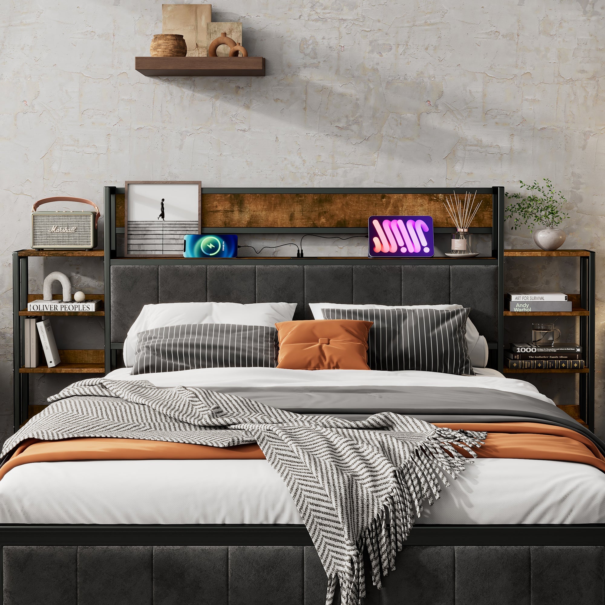 Logidon metalen bed 140x200 met opbergruimte USB-poorten zwart walnoot