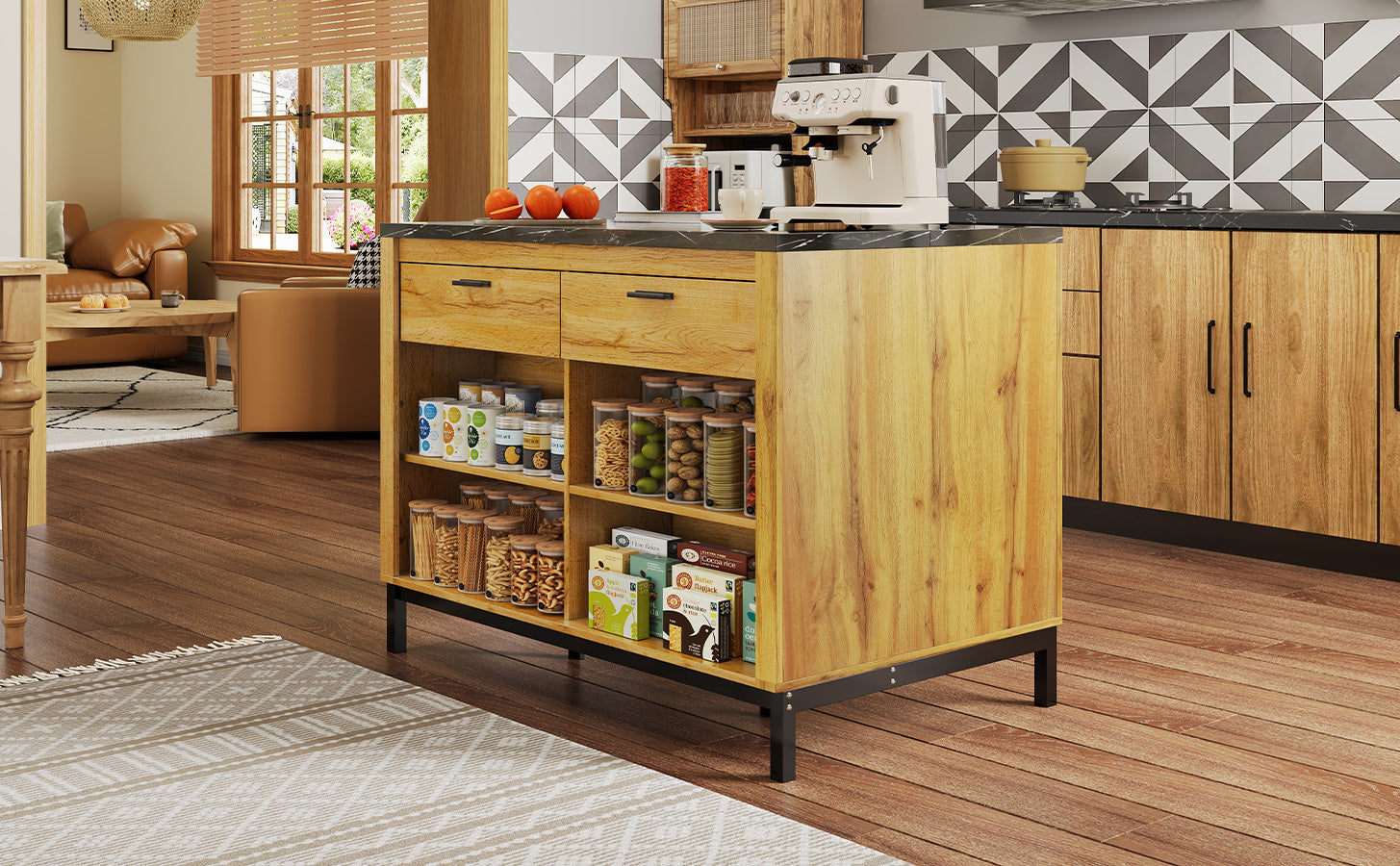 Logidon kitchen island country house style 120x75x90 cm with 2 drawers and 4 shelves