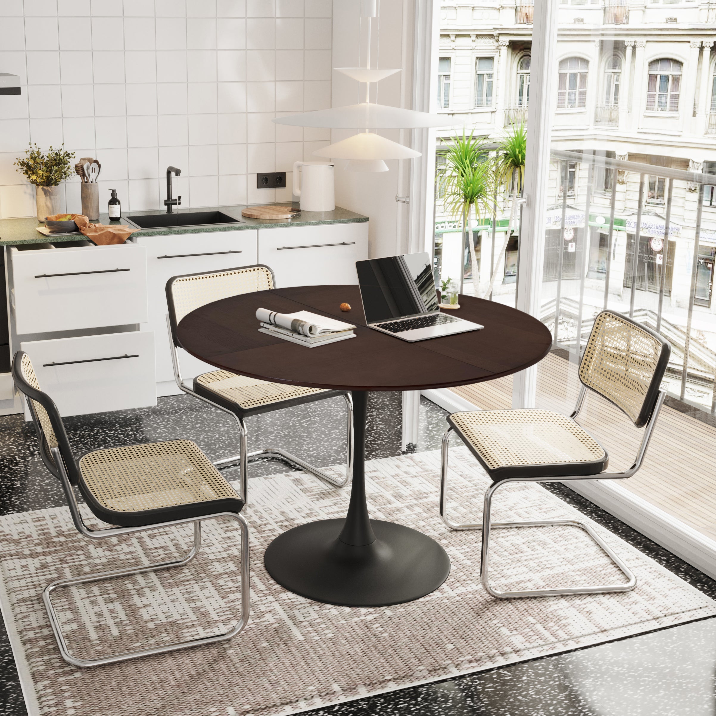 Logidon ronde eettafel 120 centimeter, MDF eikenhoutlook, bruin metalen onderstel