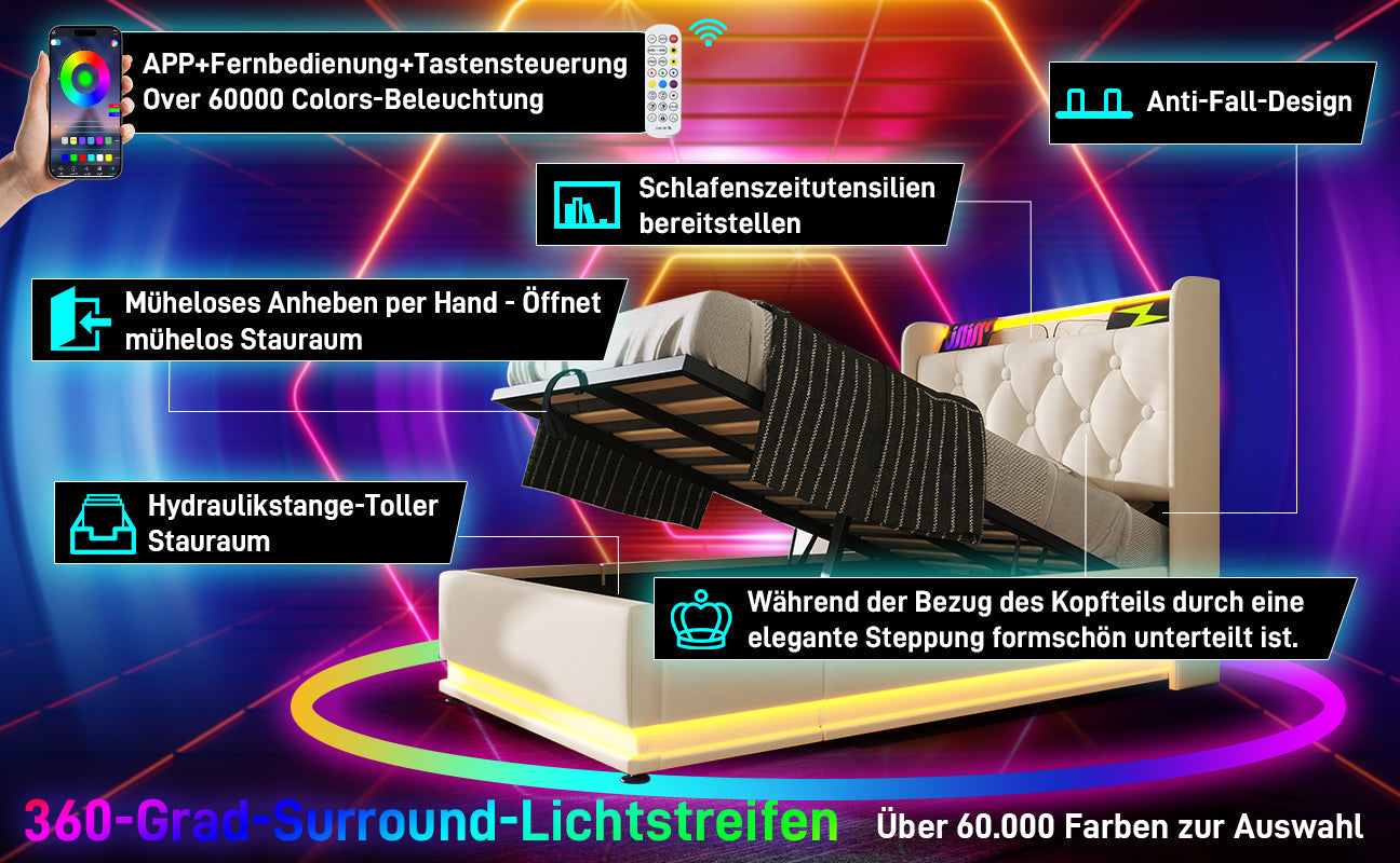 Logidon gestoffeerd bed eenpersoons 90x200 cm wit PU 360 SurroundLED USB C oplaadfunctie