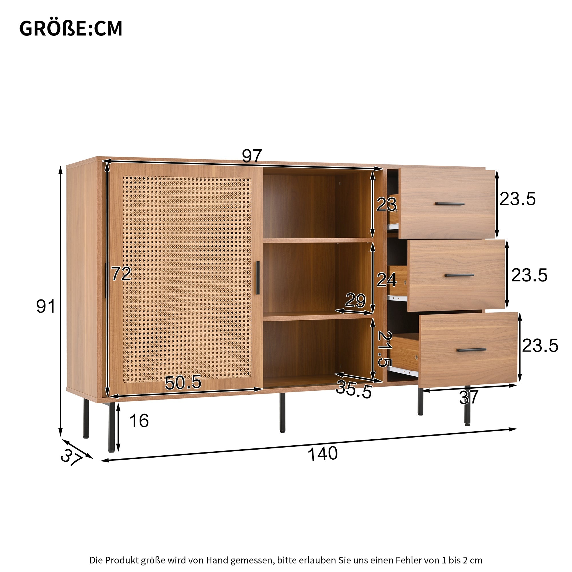Logidon dressoir naturel 140x37x91cm met 2 schuifdeuren en 3 lades