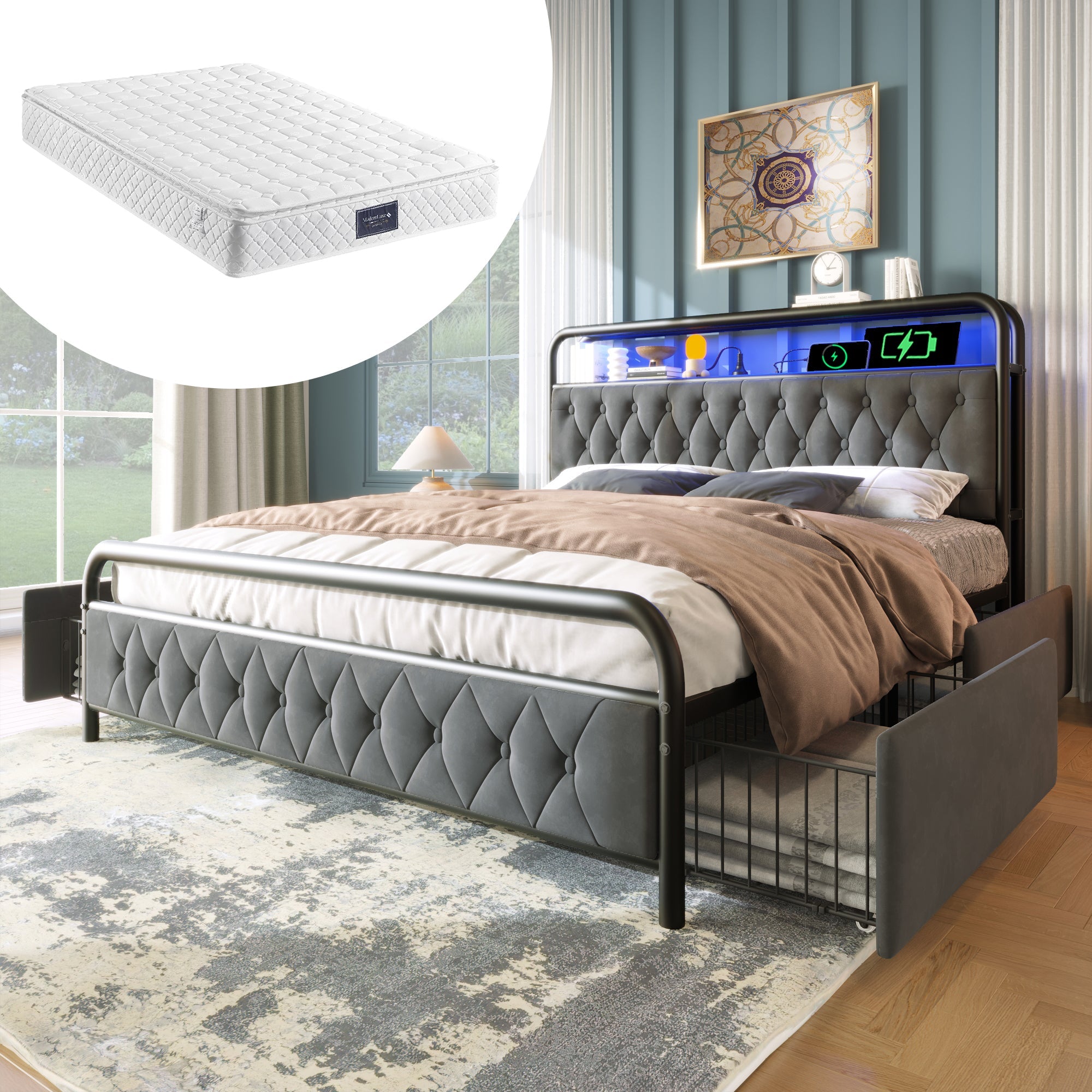 Logidon gestoffeerd bed 160x200 grijs USB-C oplaadfunctie LED-bediening