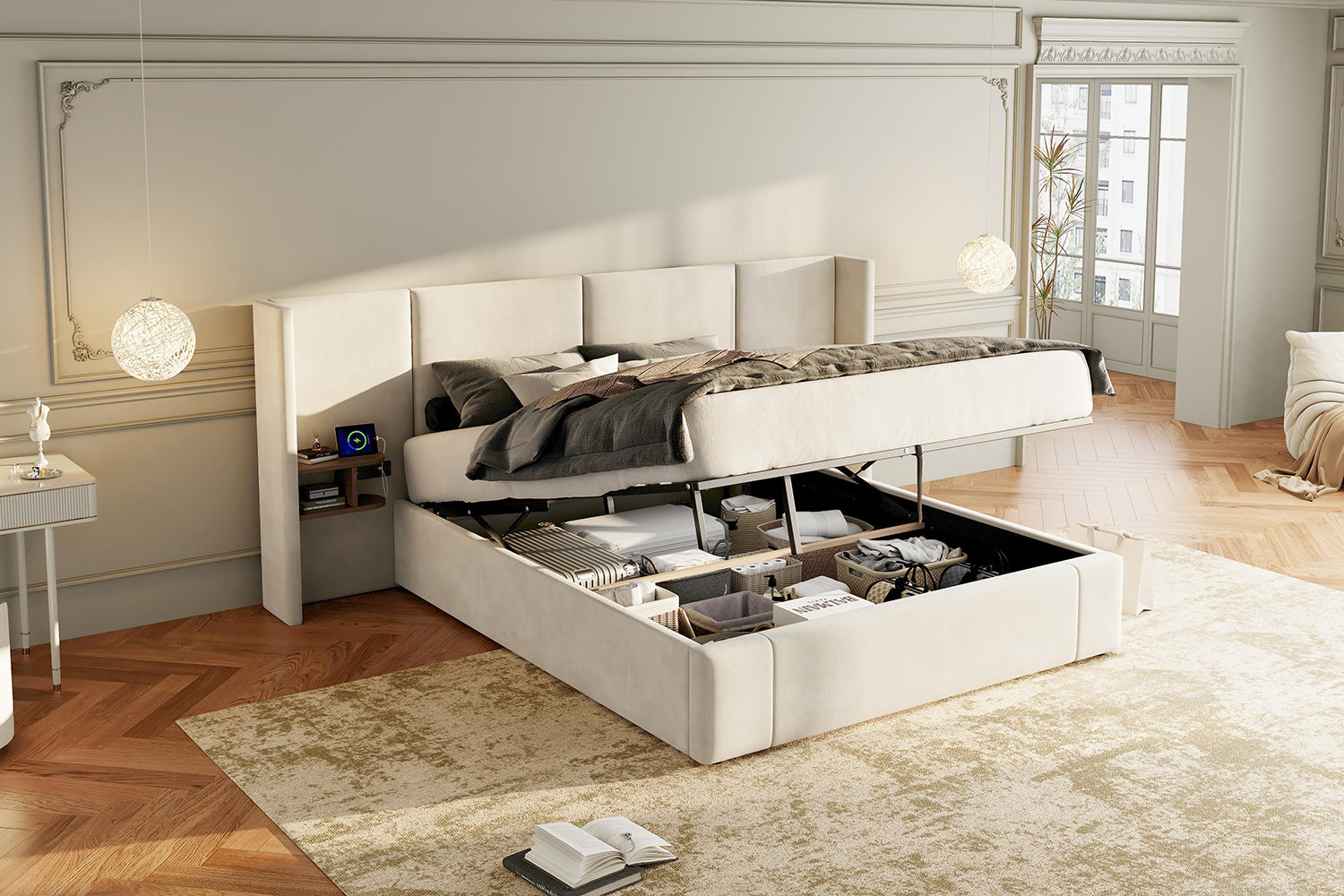 Logidon gestoffeerd bed 160x200 beige fluweel met USB-aansluitingen opbergruimte