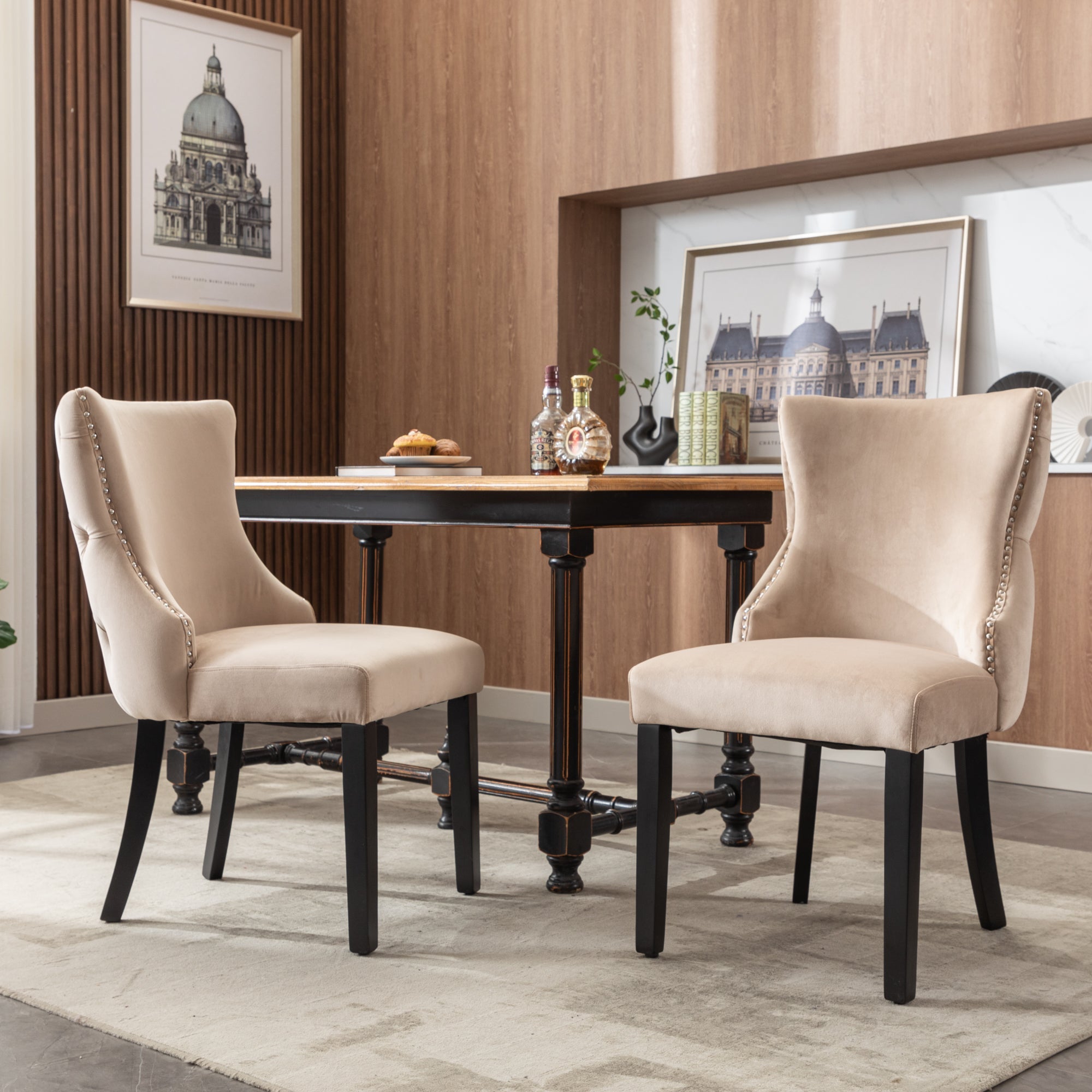 Logidon 4-foot chair beige velvet button quilting solid wood frame set of 2