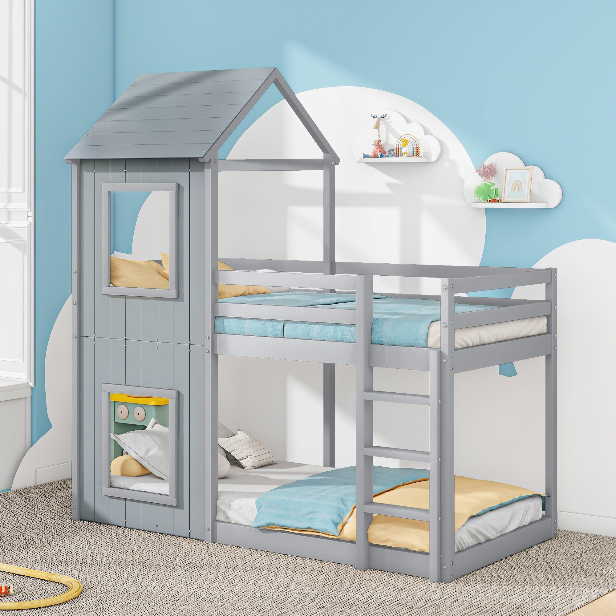 Logidon stapelbed 90x200 cm grijs huisbed met ladderhemel