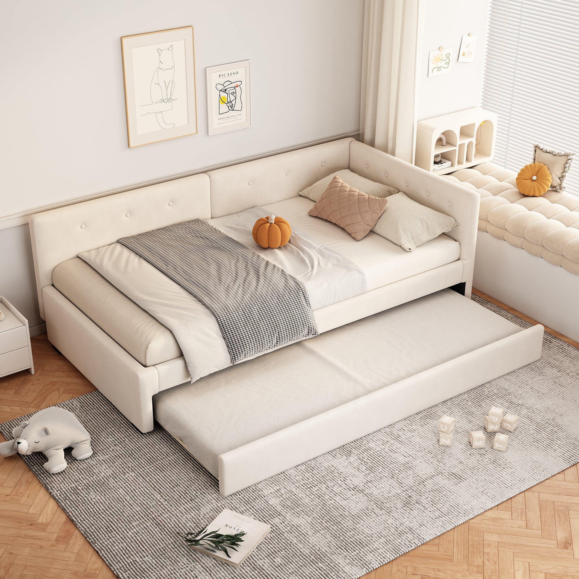 Logidon gestoffeerd bed 90x200 cm beige met lattenbodem en hoofdbord