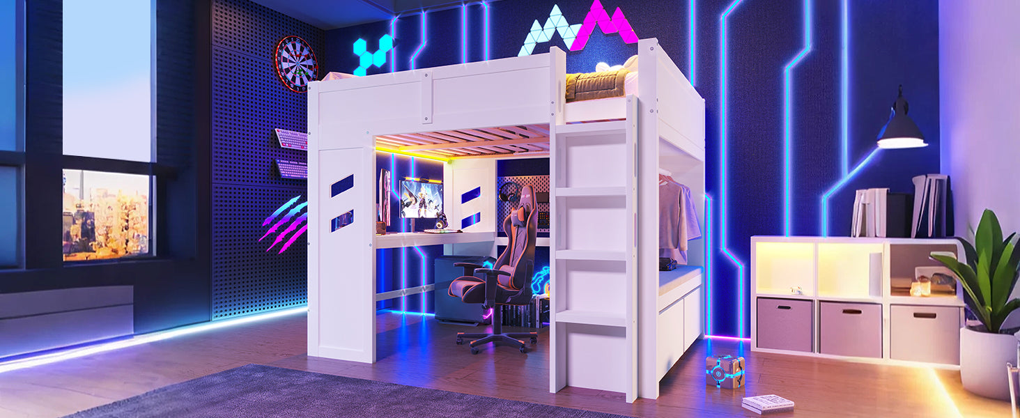 Logidon hoogslaper 140x200 cm wit gamingbed met bureau LED