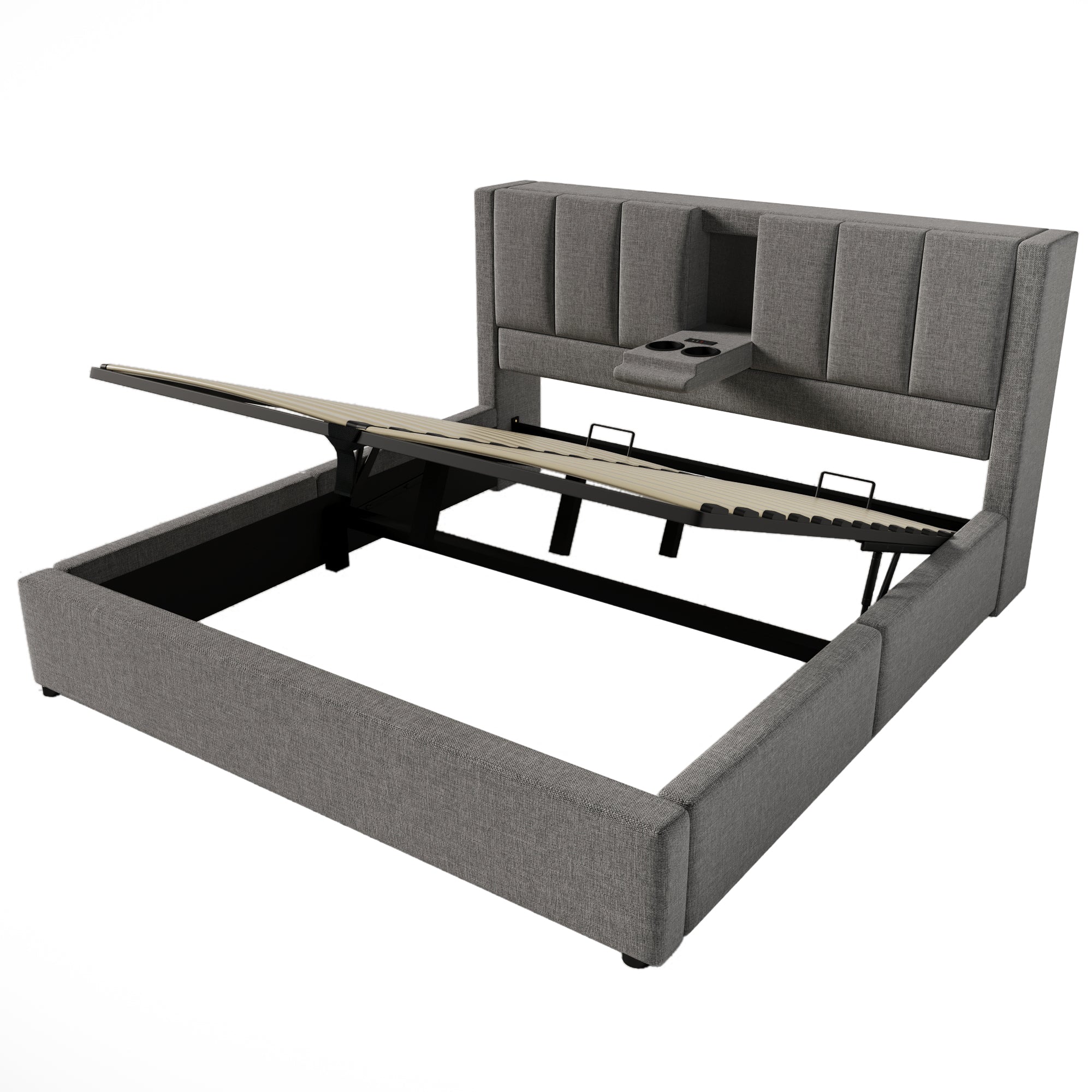 Logidon gestoffeerd bed 140x190 cm met bekerhouder en USB-oplader grijs