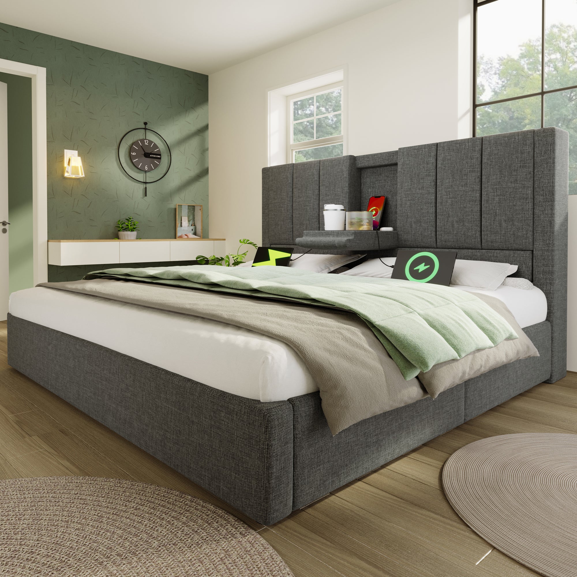 Logidon gestoffeerd bed 140x190 cm met bekerhouder en USB-oplader grijs