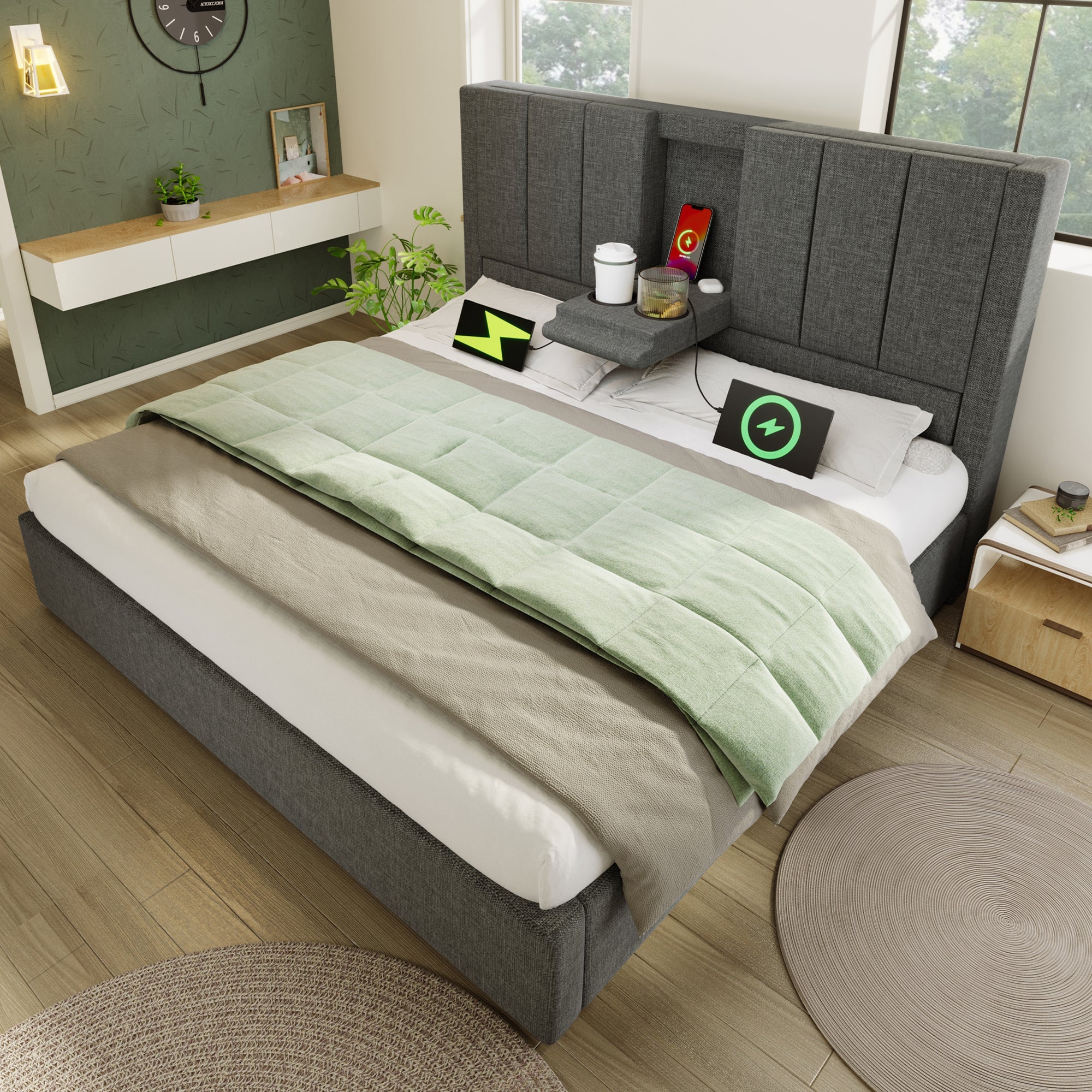 Logidon gestoffeerd bed 140x190 cm met bekerhouder en USB-oplader grijs