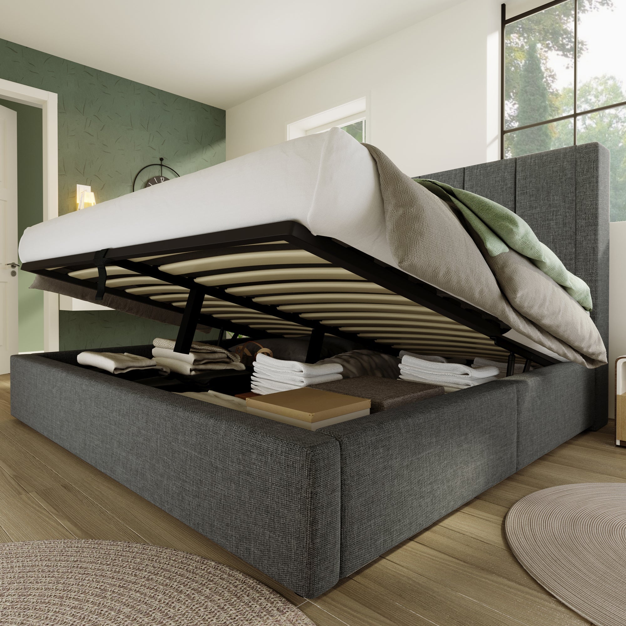 Logidon gestoffeerd bed 140x190 cm met bekerhouder en USB-oplader grijs