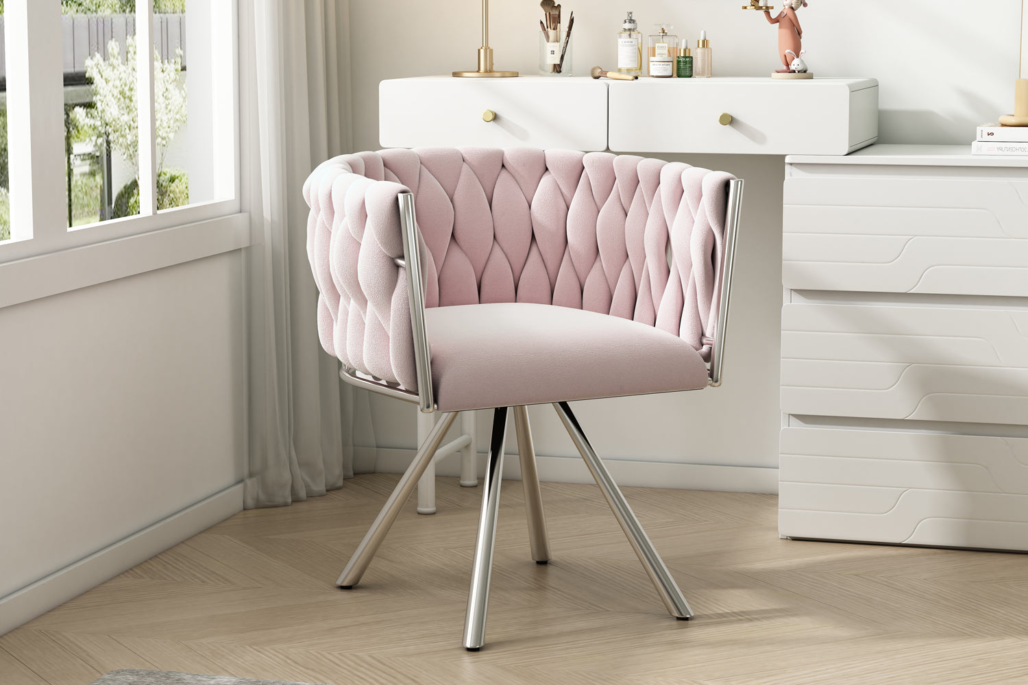 Logidon Fluweel Kapstoel Roze Luxe Draaistoel Met Metalen Frame