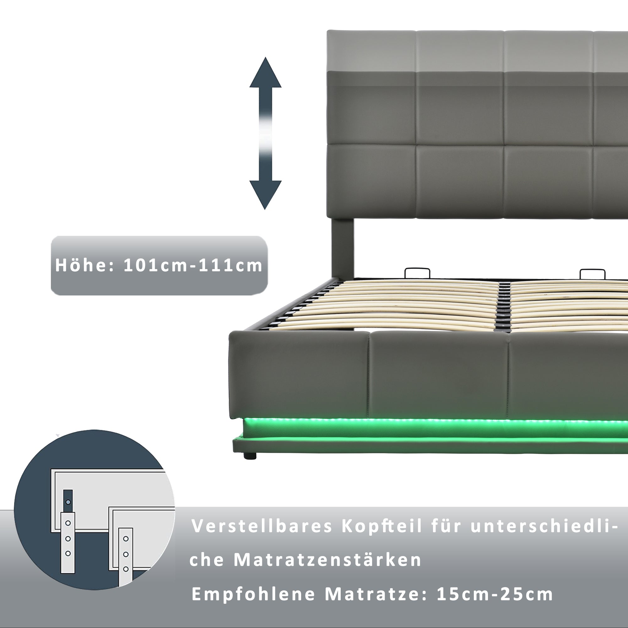 Logidon upholstered bed 140x200 gray with LED lighting bed storage space