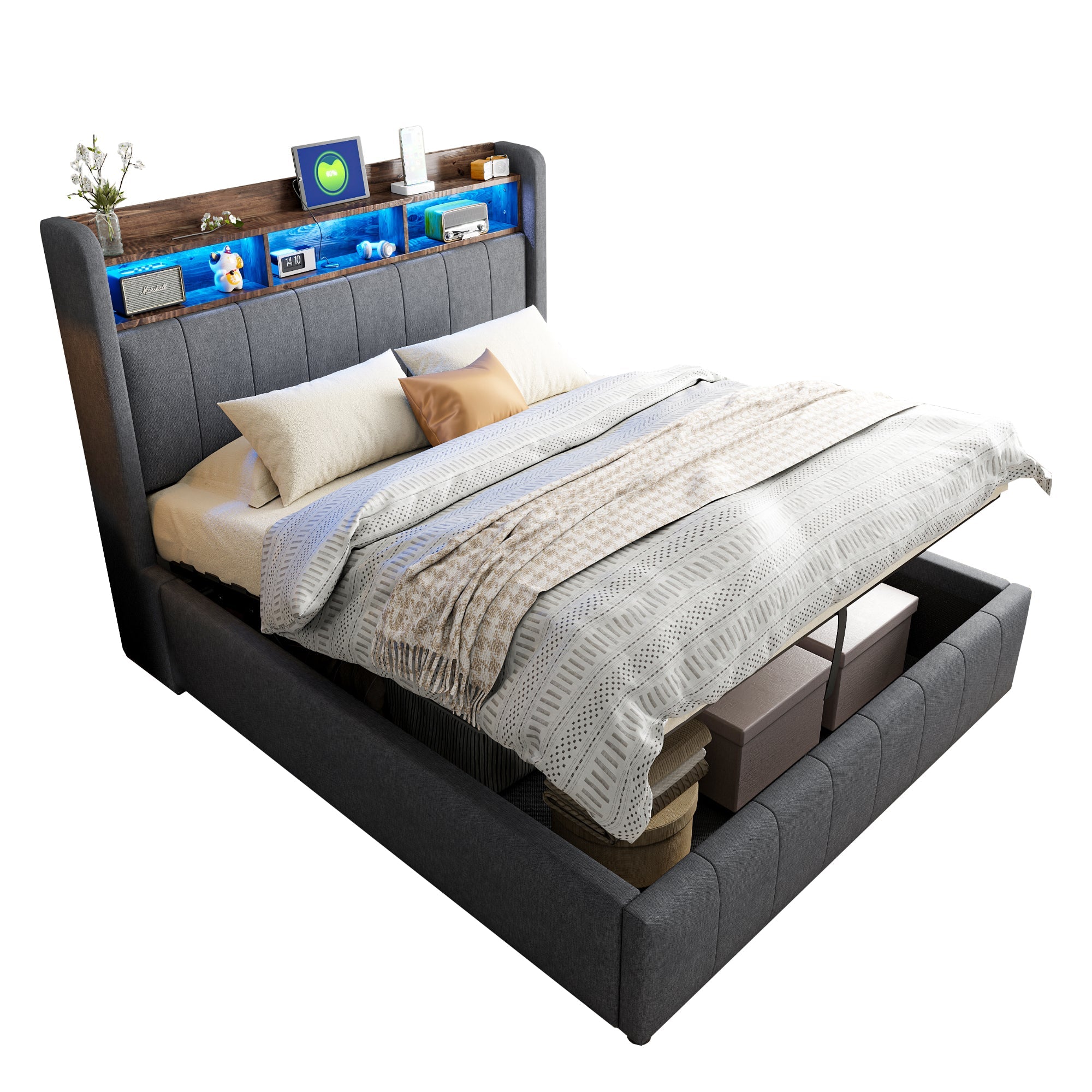Logidon gestoffeerd bed 140x200 cm grijs met LED verlichting USB opbergruimte