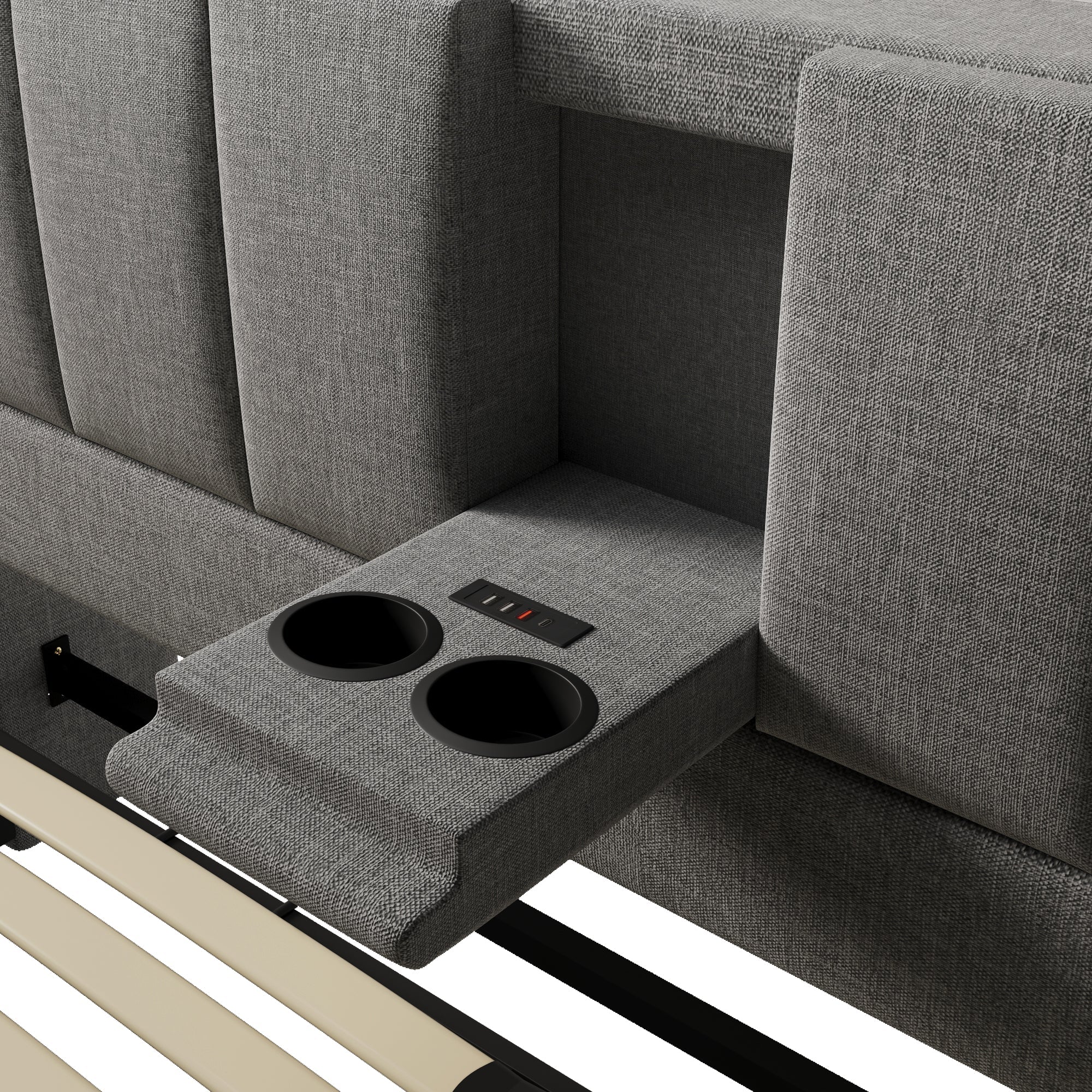 Logidon gestoffeerd bed 140x190 cm met bekerhouder en USB-oplader grijs