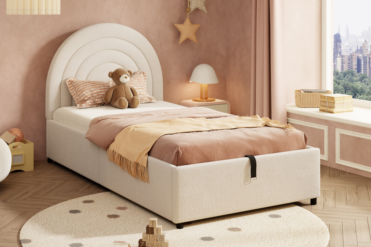 Logidon kinderbed 90x200 beige bouclé hoofdbord lattenbodem
