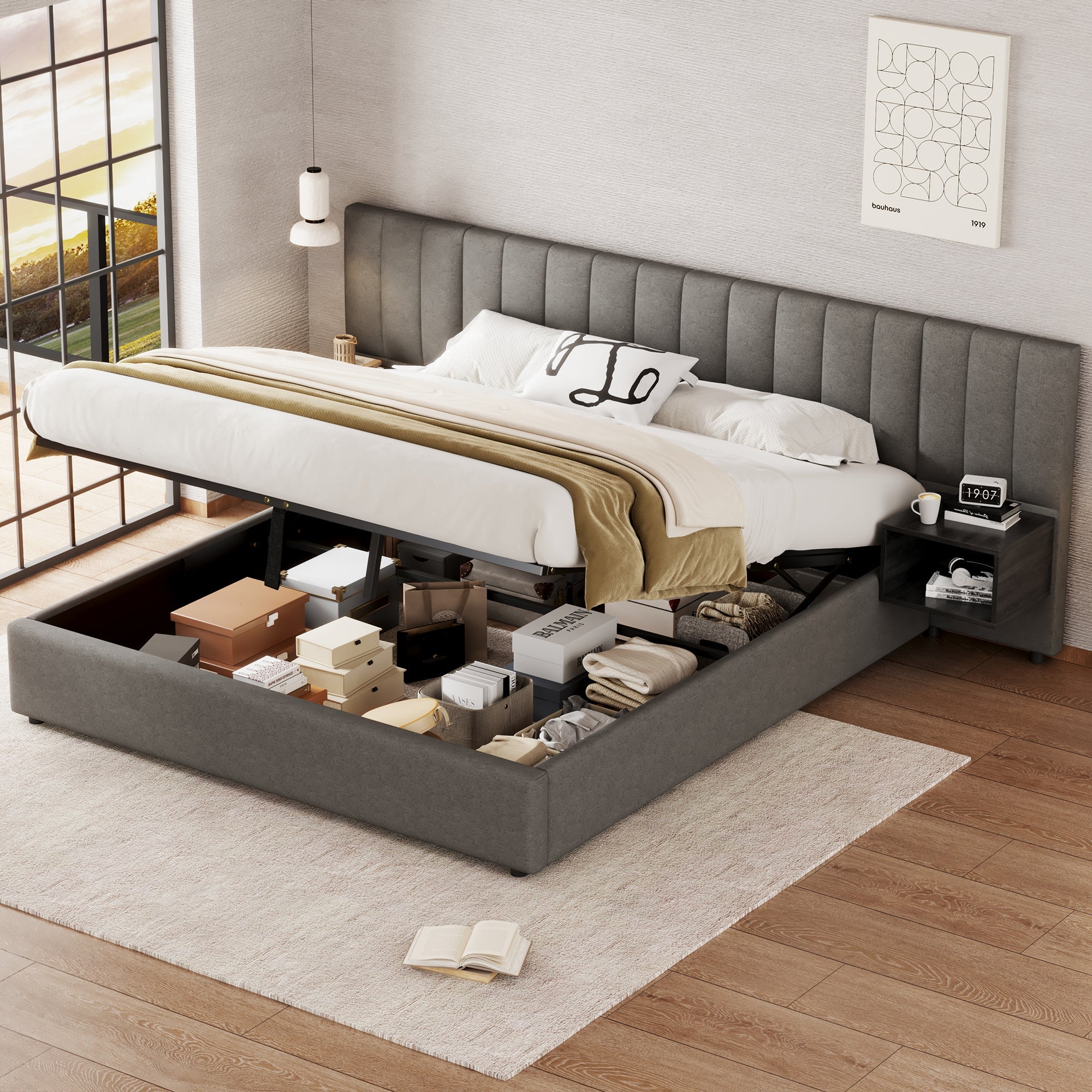 Logidon gestoffeerd bed 180x200 cm grijs zwart met twee nachtkastjes